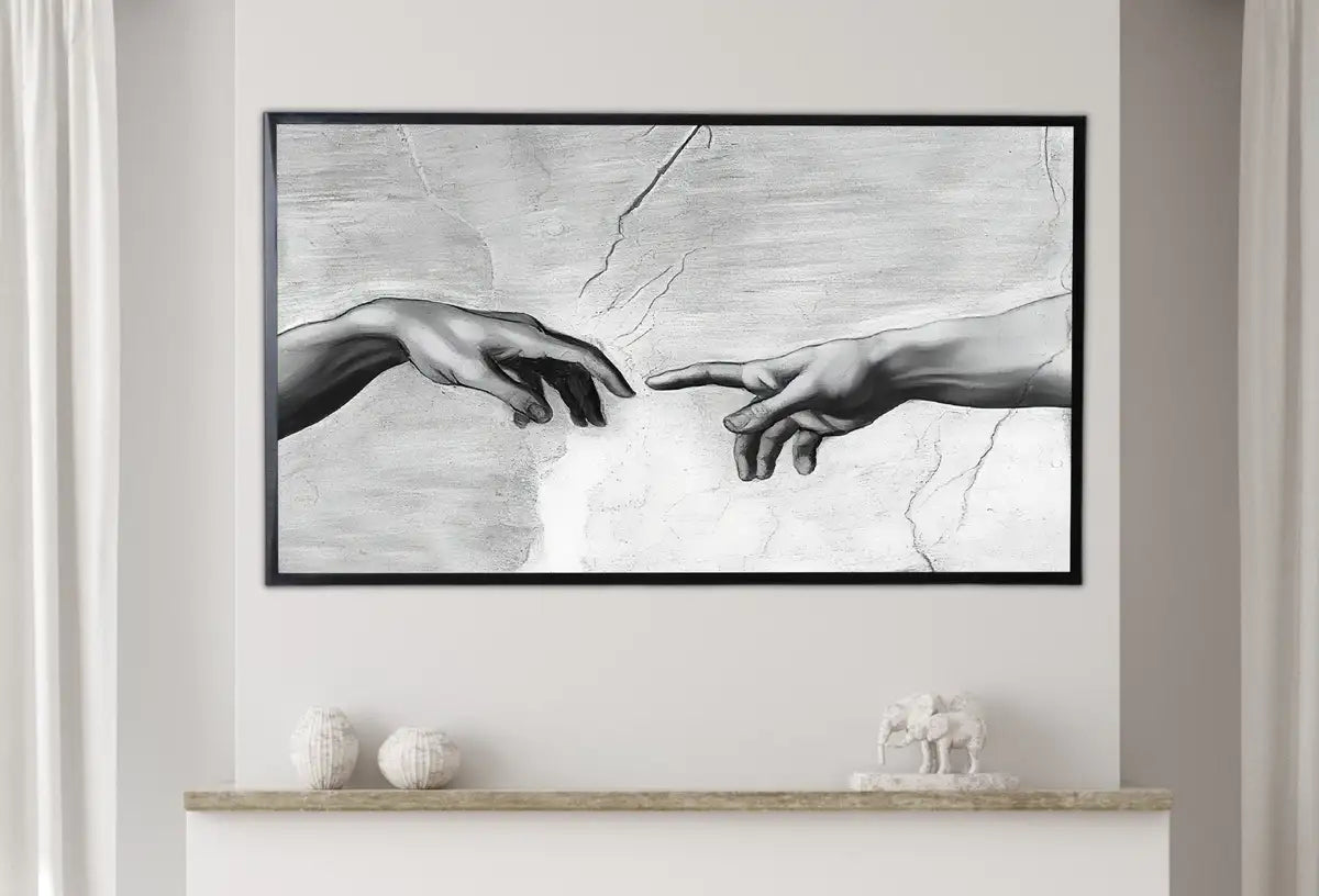 Detail view of artwork from Samsung Frame TV Art 4K The Creation of Adam Reaching Hands Famous Michelangelo Painting. Instant Download Vintage Painting for Frame TV. (variation 2)