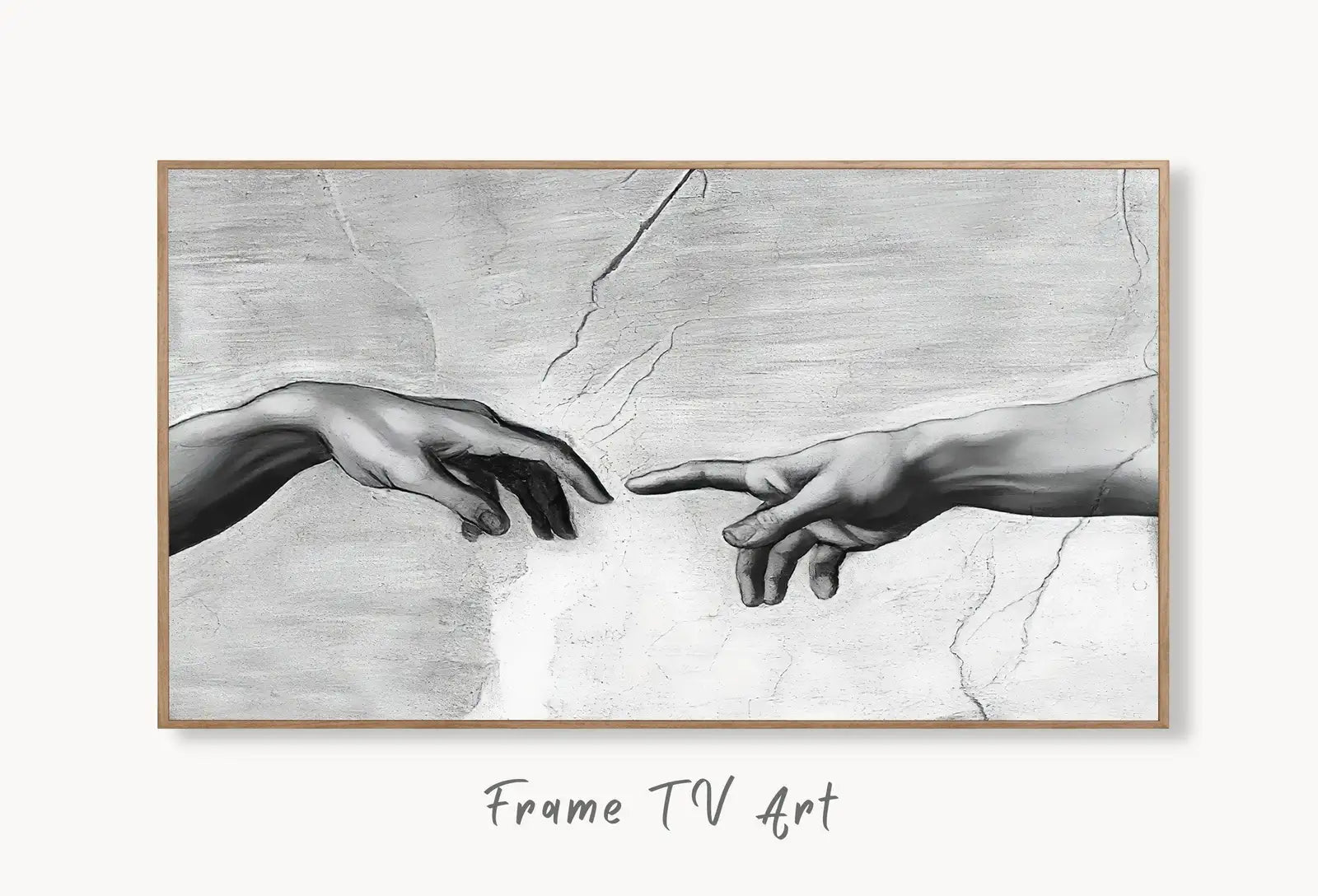 Samsung Frame TV Art 4K The Creation of Adam Reaching Hands Famous Michelangelo Painting. Instant Download Vintage Painting for Frame TV displayed on Samsung Frame TV on a living room wall.