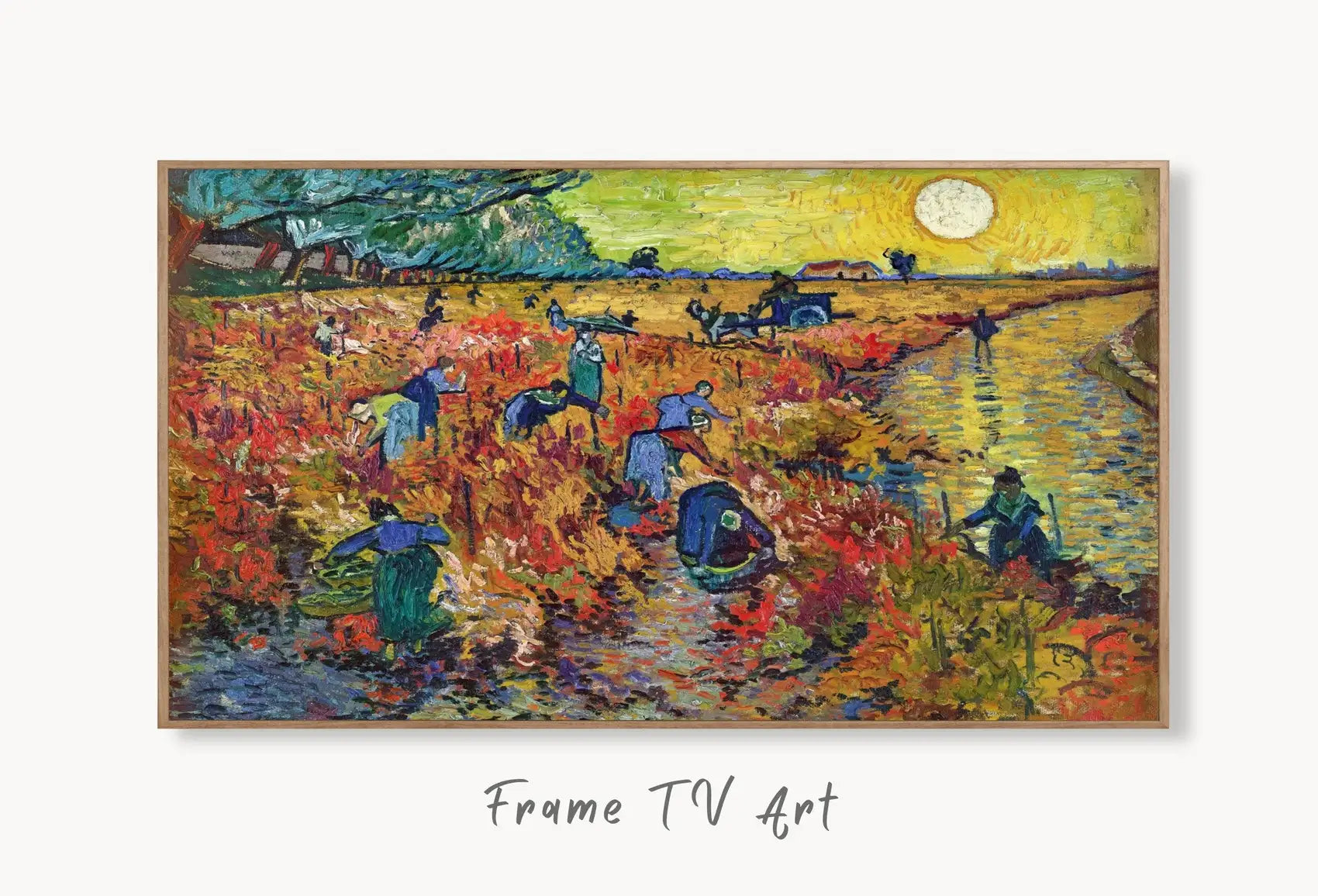 Samsung Frame TV Art 4K The Red Vineyard Famous Painting by Vincent van Gogh. Instant Download van Gogh Art for the Frame TV. Vintage Decor displayed on Samsung Frame TV on a living room wall.