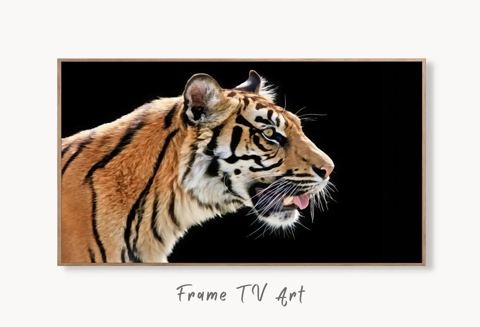 Samsung Frame TV Art 4K Tiger digital Painting, Big Cat Wall Decor. Instant Download Nature Wildlife Art for the Frame TV. Tiger Art for TV displayed on Samsung Frame TV on a living room wall.