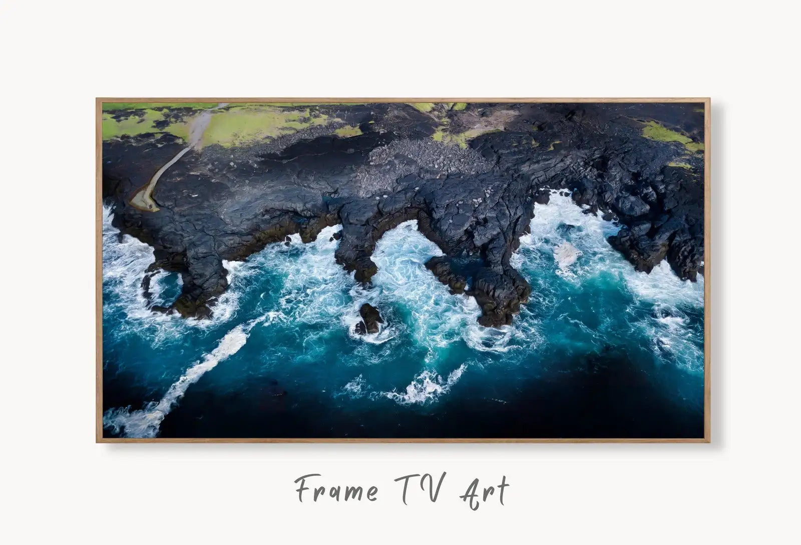 Samsung Frame TV Art 4K, Top View Ocean Coastal Wall Decor. Samsung Art TV Digital Download for Samsung Frame, Beach Landscape Frame TV Art displayed on Samsung Frame TV on a living room wall.