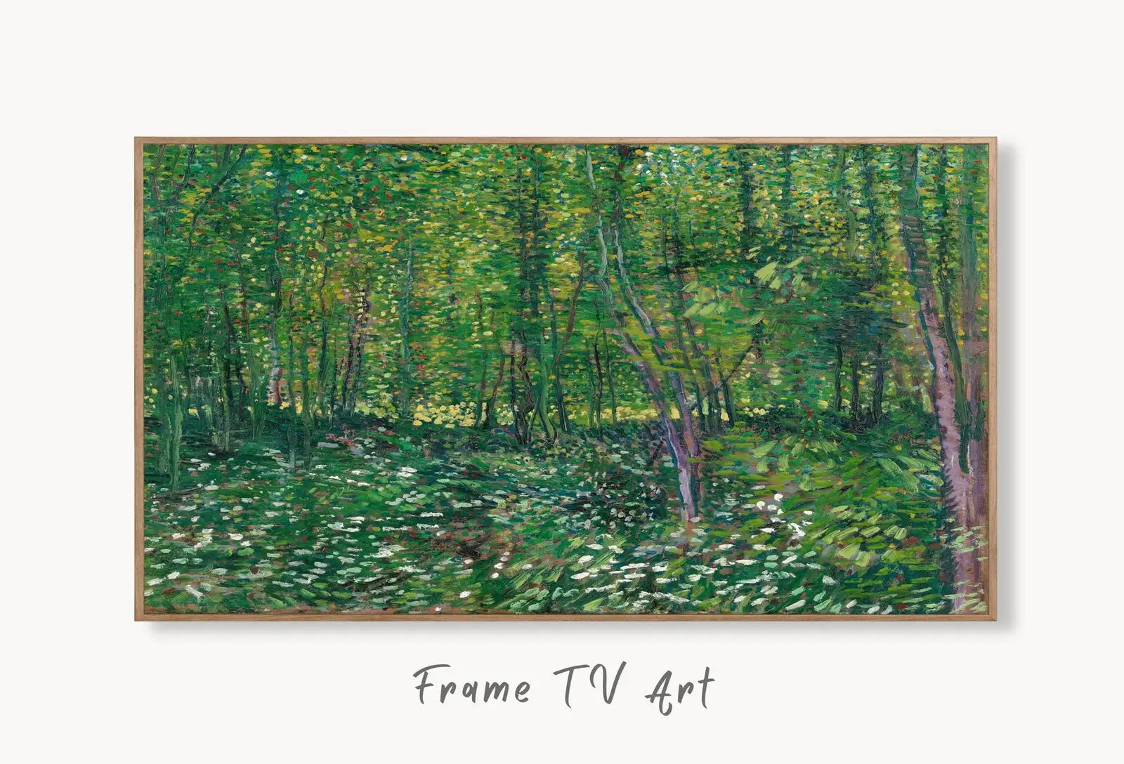 Samsung Frame TV Art 4K Trees and Undergrowth Famous Painting by Vincent van Gogh. Instant Download. van Gogh Landscape for the Frame TV displayed on Samsung Frame TV on a living room wall.