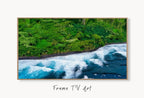 Samsung Frame TV Art 4K, Tropical Beach Nature Landscape Art. Frame Art Tv Digital Download for Samsung TV Coastal Landscape Frame TV Art displayed on Samsung Frame TV on a living room wall.