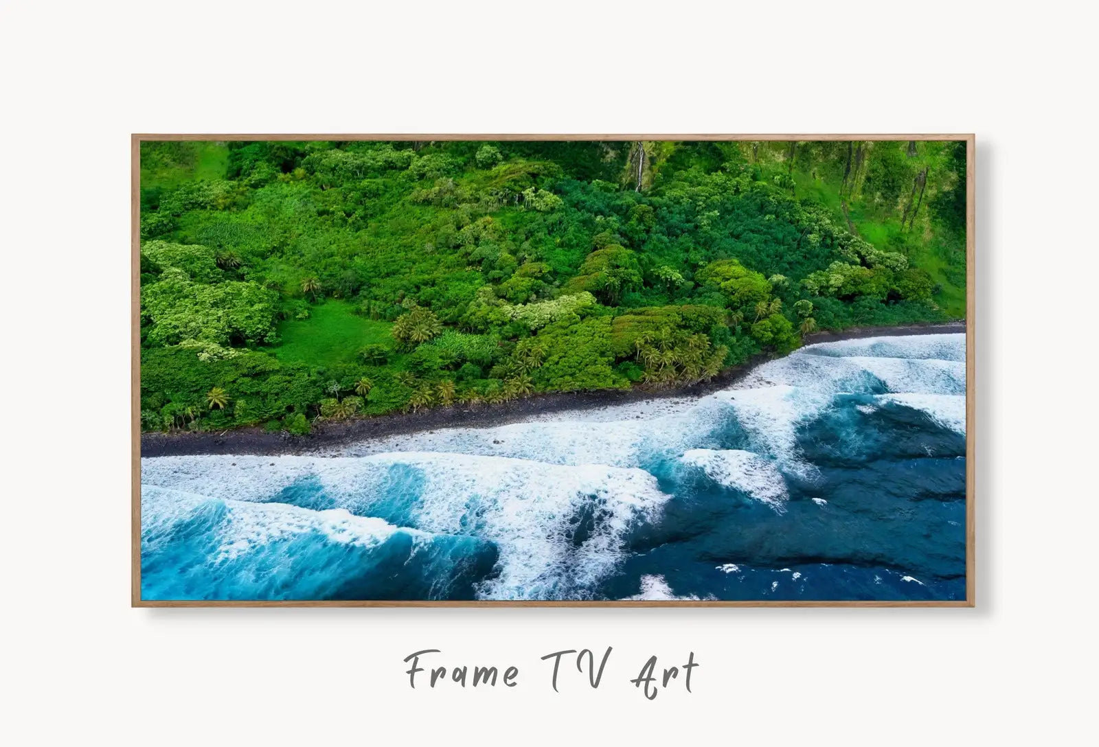 Samsung Frame TV Art 4K, Tropical Beach Nature Landscape Art. Frame Art Tv Digital Download for Samsung TV Coastal Landscape Frame TV Art displayed on Samsung Frame TV on a living room wall.