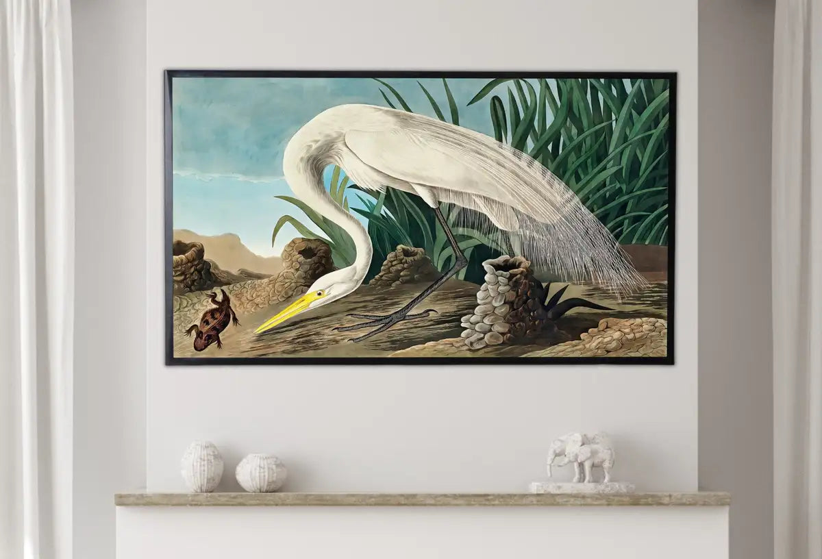 Detail view of artwork from Samsung Frame TV Art 4K Tropical Bird White Heron Vintage Painting. Samsung TV Art Vintage. Digital Download Nature Art for Samsung Frame TV. (variation 2)