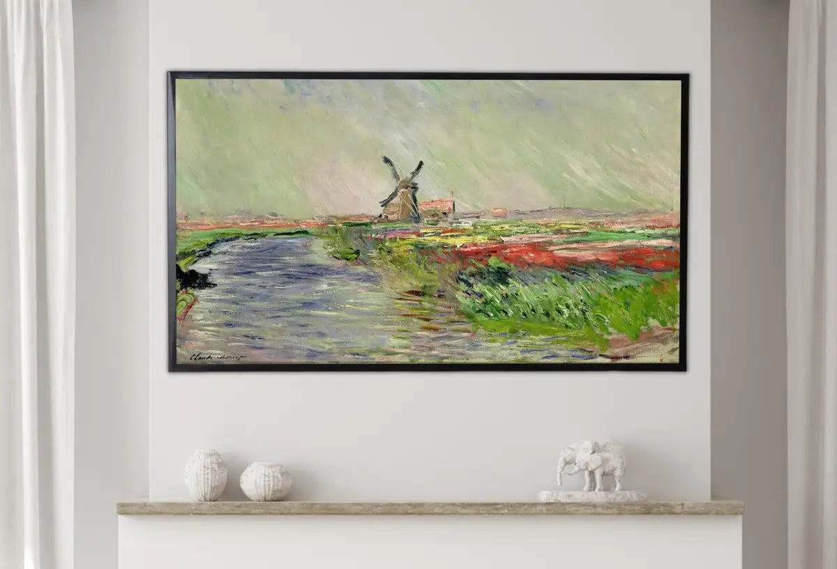 Detail view of artwork from Samsung Frame TV Art 4K Tulip Field Famous Claude Monet Painting. Instant Download Vintage Art for Samsung Frame TV. Claude Monet Art for TV. (variation 1)