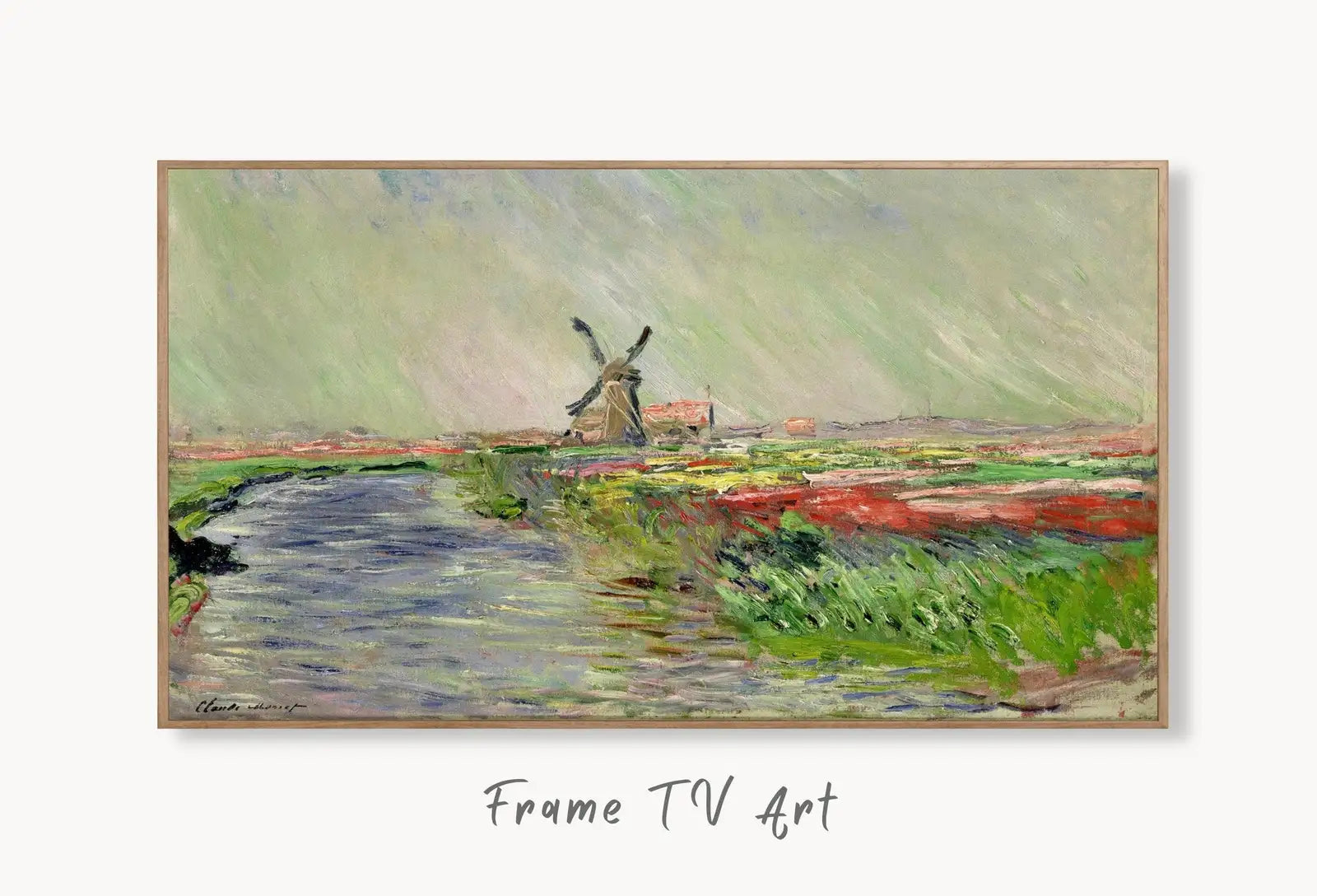 Samsung Frame TV Art 4K Tulip Field Famous Claude Monet Painting. Instant Download Vintage Art for Samsung Frame TV. Claude Monet Art for TV displayed on Samsung Frame TV on a living room wall.