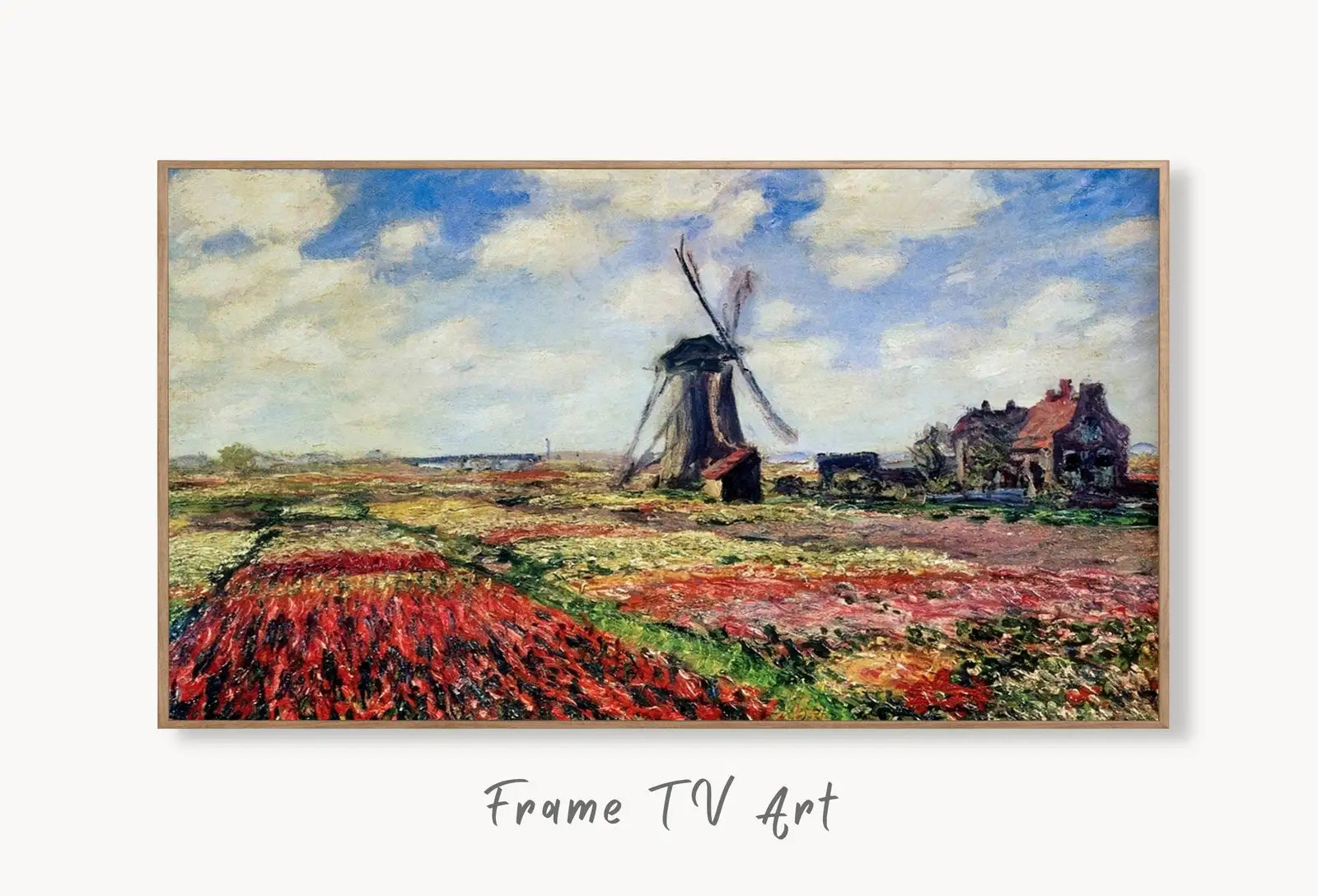 Samsung Frame TV Art 4K Tulip Field & Windmill Famous Claude Monet Painting. Instant Download Botanical Art for Frame TV. Vintage Wall Art displayed on Samsung Frame TV on a living room wall.