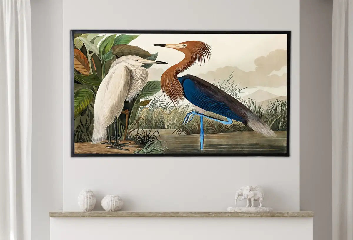 Detail view of artwork from Samsung Frame TV Art 4K Two Herons Tropical Bird Vintage Painting. Samsung TV Art Vintage. Digital Download. Nature Art for Samsung Frame TV. (variation 2)
