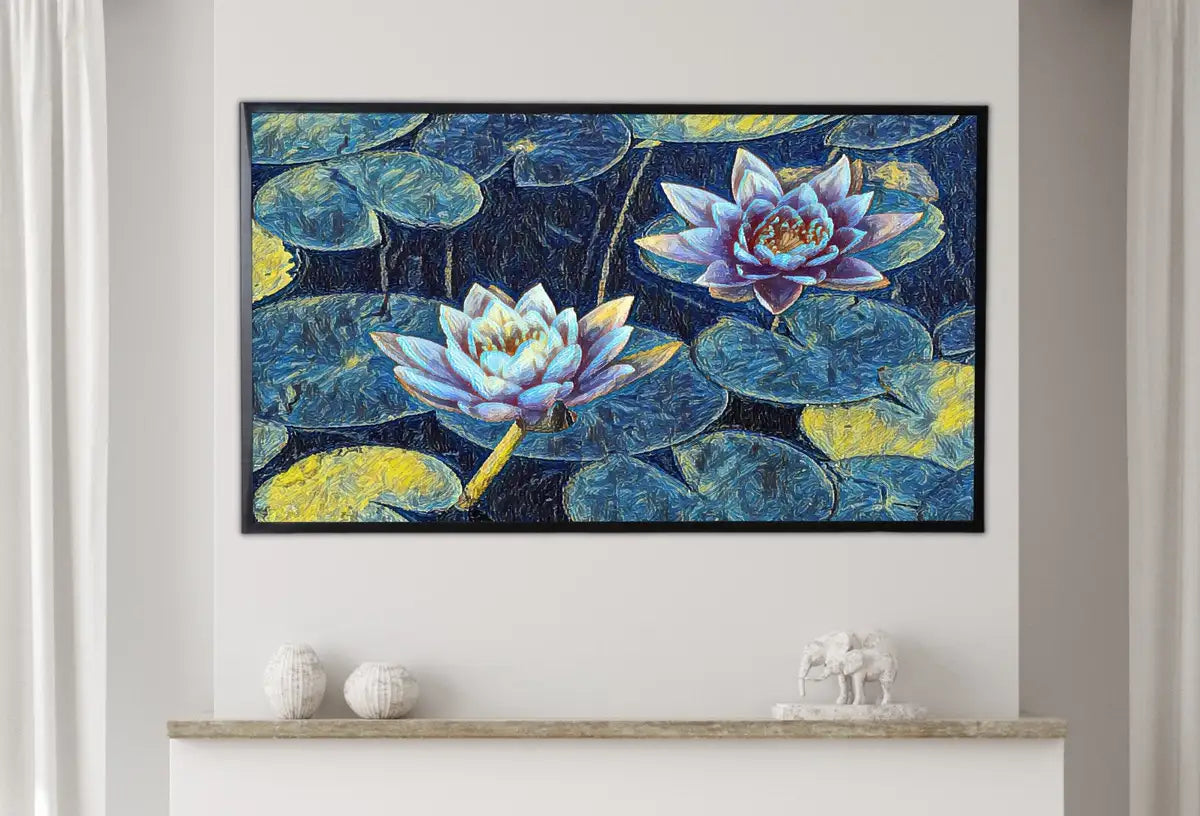 Detail view of artwork from Samsung Frame TV Art 4K Two Lotus Flowers in Blue Digital Painting. Instant Download Colorful Botanical Lotus Floral Art for the Frame TV. (variation 2)