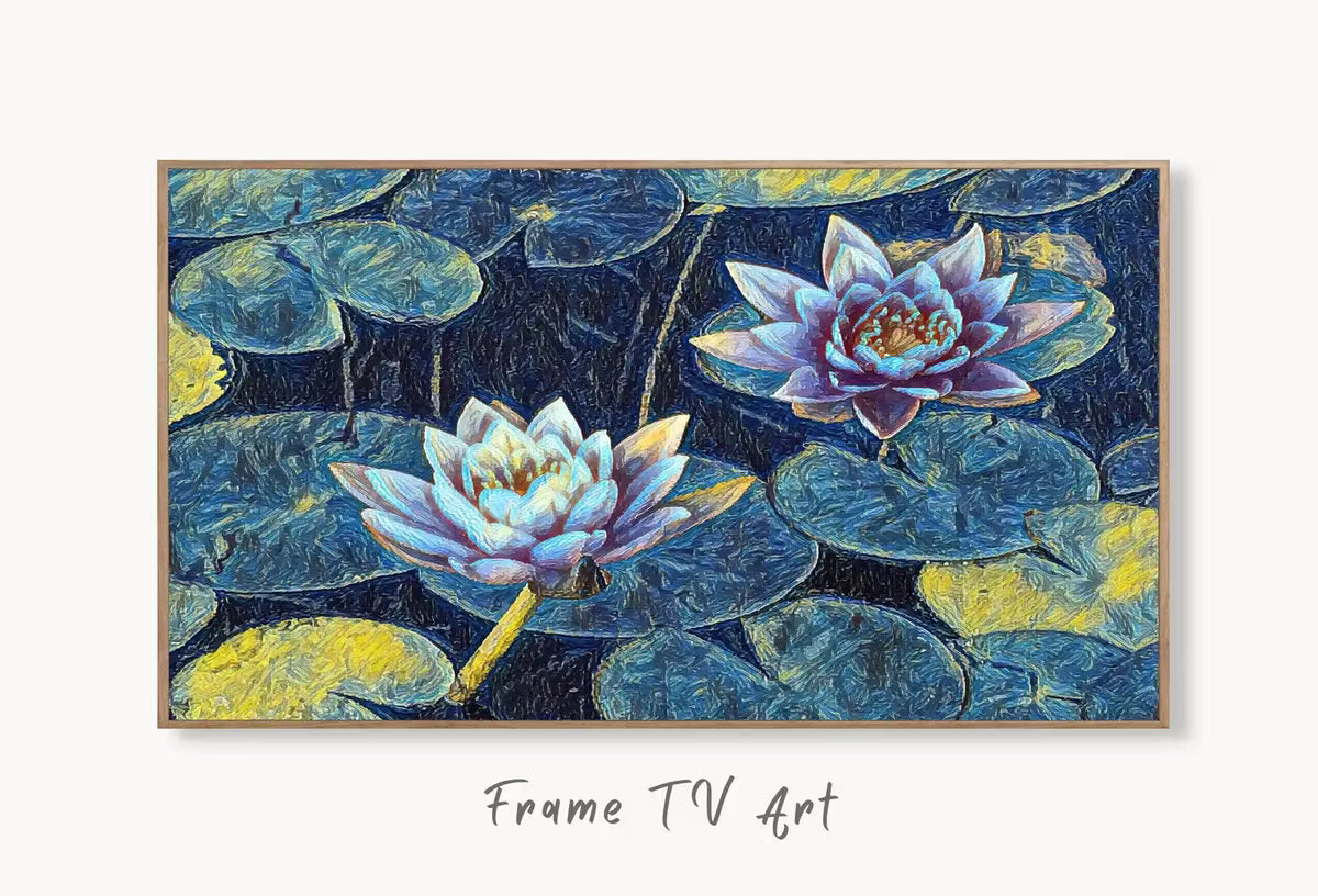 Samsung Frame TV Art 4K Two Lotus Flowers in Blue Digital Painting. Instant Download Colorful Botanical Lotus Floral Art for the Frame TV – Frame TV  Art
