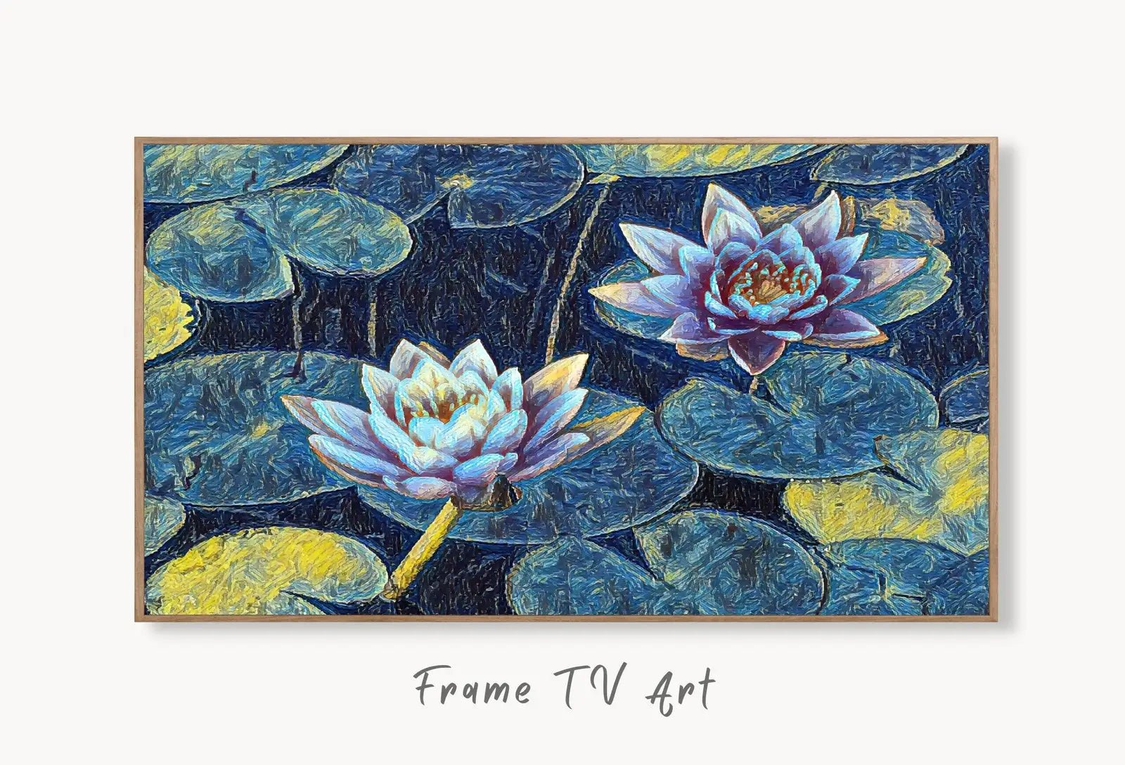 Samsung Frame TV Art 4K Two Lotus Flowers in Blue Digital Painting. Instant Download Colorful Botanical Lotus Floral Art for the Frame TV displayed on Samsung Frame TV on a living room wall.