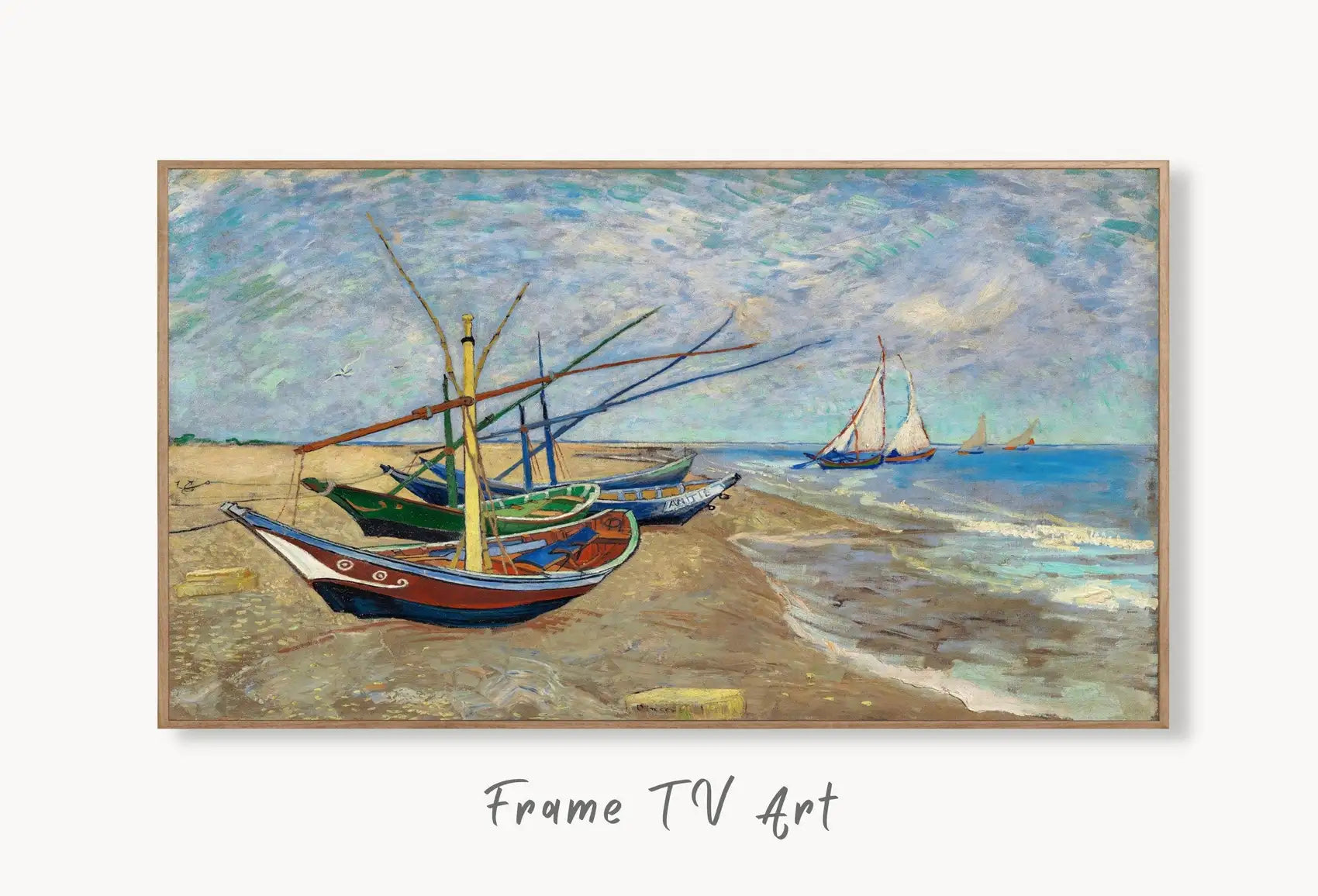 Samsung Frame TV Art 4K van Gogh Fishing Boats on the Beach Painting. Instant Download Famous Vintage Nautical Art for the Samsung Frame TV displayed on Samsung Frame TV on a living room wall.