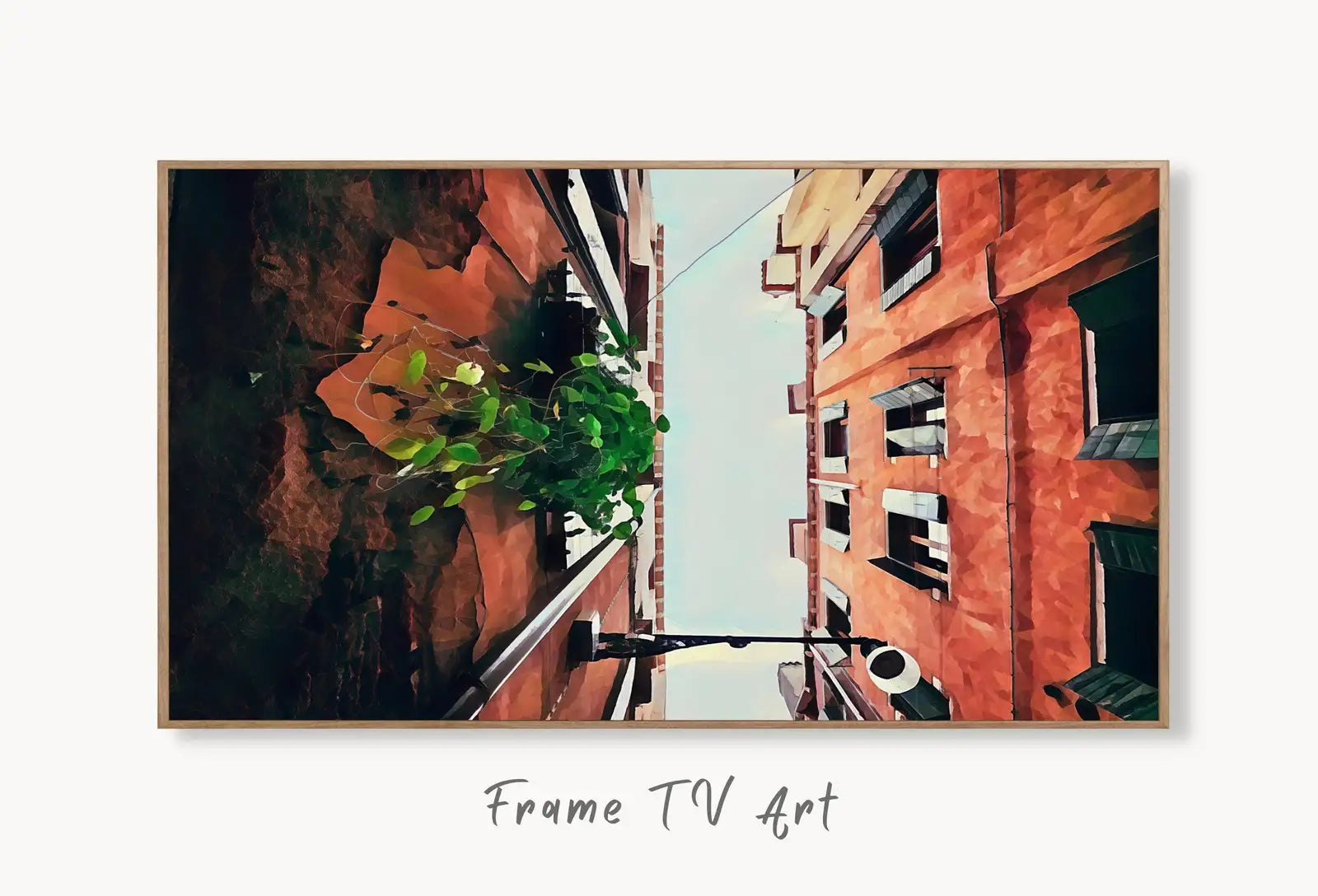Samsung Frame TV Art 4K Venice Neighborhood Architecture Painting. Instant Download Art for TV. Colorful Frame TV Art. Alleyway Digital Art displayed on Samsung Frame TV on a living room wall.