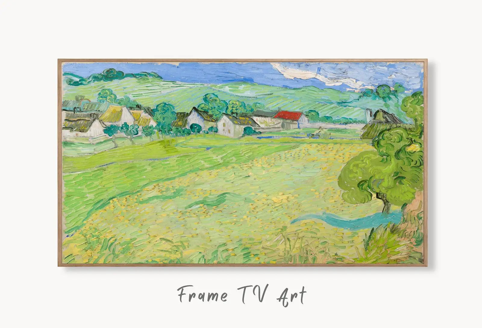 Samsung Frame TV Art 4K Vessenots in Auvers Famous Painting by Vincent van Gogh. Instant Download van Gogh Vintage Landscape for Frame TV. displayed on Samsung Frame TV on a living room wall.