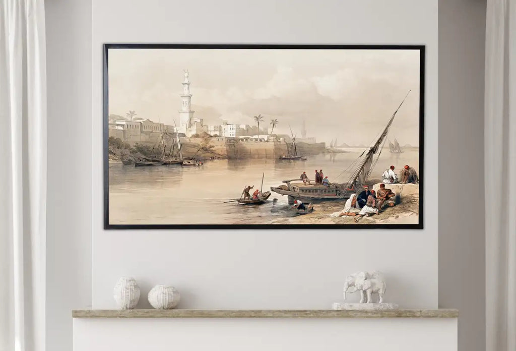 Detail view of artwork from Samsung Frame TV Art 4K View on the Nile Ancient Egyptian Wall Art. Instant Download Antique Architecture Vintage Egyptian Art for Frame TV. (variation 2)