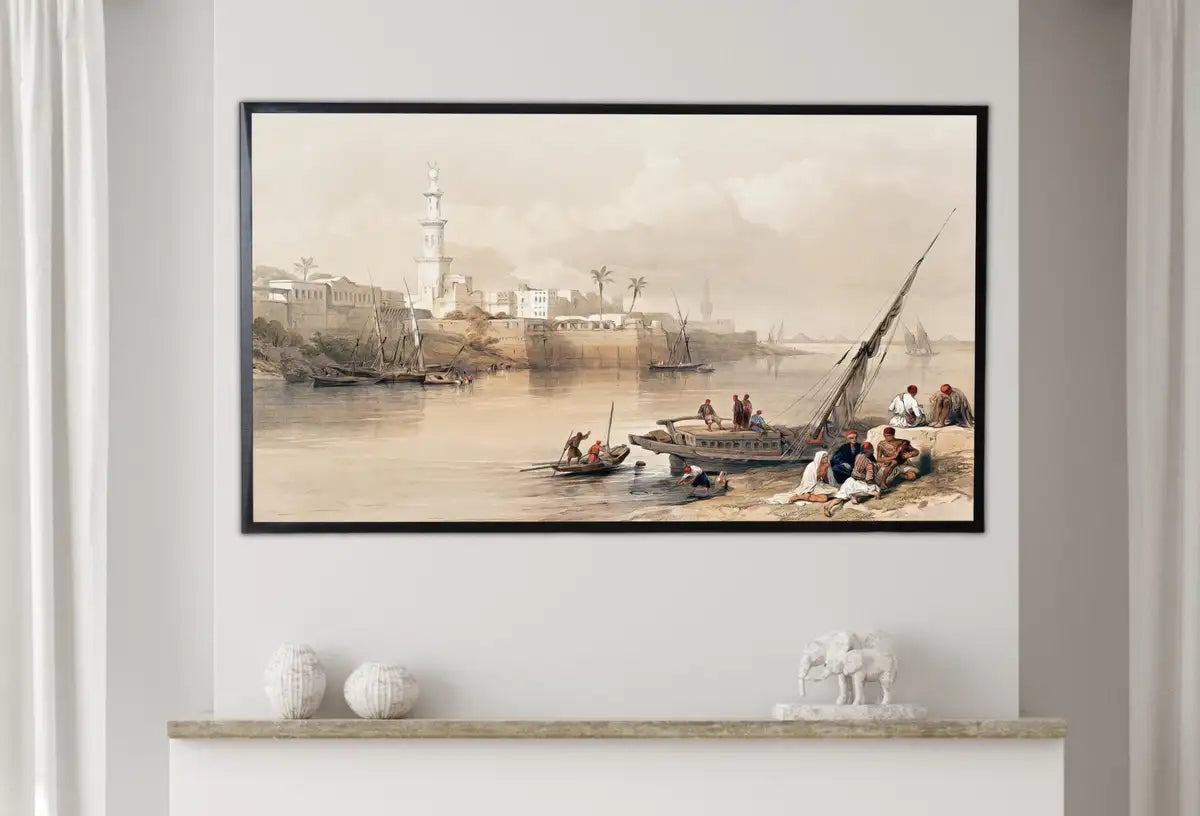 Detail view of artwork from Samsung Frame TV Art 4K View on the Nile Ancient Egyptian Wall Art. Instant Download Antique Architecture Vintage Egyptian Art for Frame TV. (variation 2)