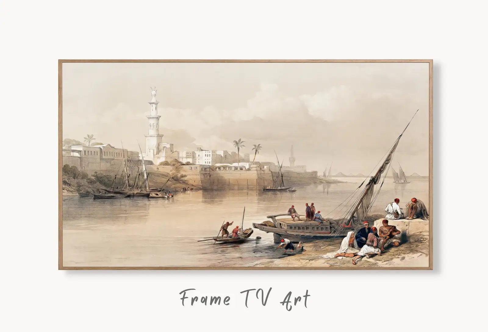 Samsung Frame TV Art 4K View on the Nile Ancient Egyptian Wall Art. Instant Download Antique Architecture Vintage Egyptian Art for Frame TV displayed on Samsung Frame TV on a living room wall.