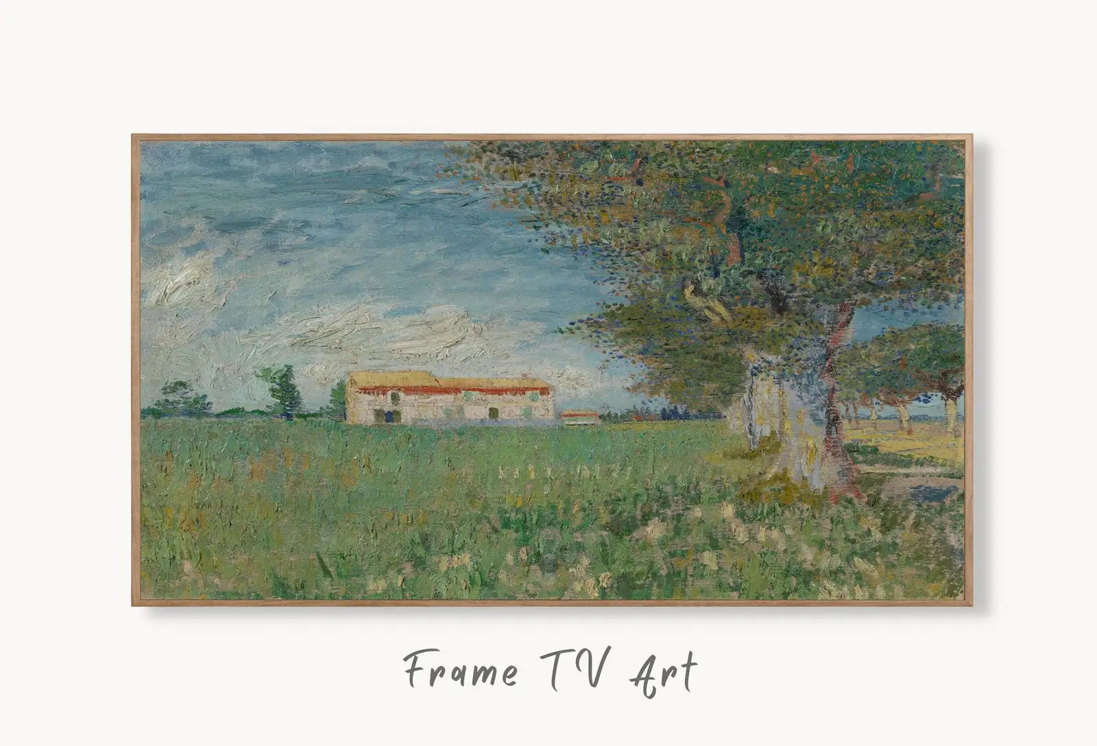 Samsung Frame TV Art 4K Vincent van Gogh Farmhouse in Wheatfield Famous Painting. Instant Download van Gogh Art for Frame TV. Vintage Decor displayed on Samsung Frame TV on a living room wall.