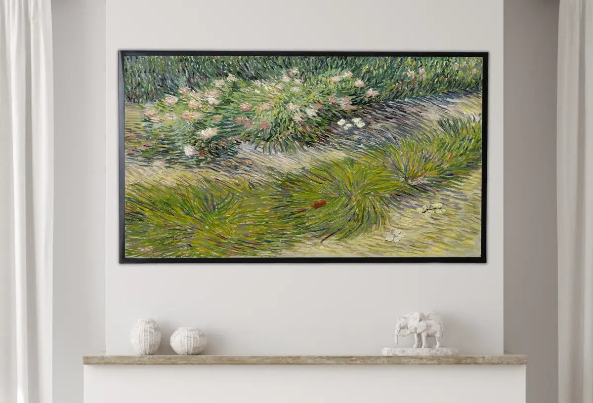 Detail view of artwork from Samsung Frame TV Art 4K Vincent van Gogh Grass and Butterflies Famous Painting. Instant Download van Gogh Art for Frame TV. Vintage Wall Art. (variation 2)