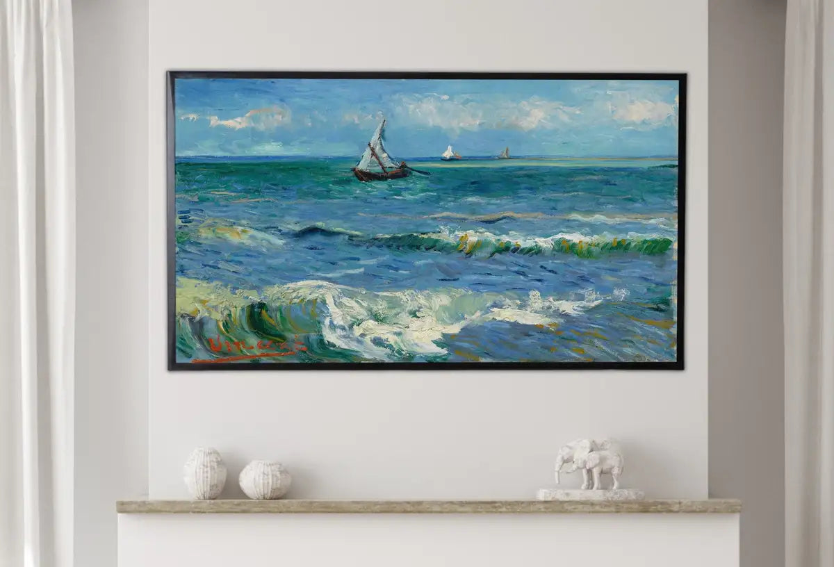 Detail view of artwork from Samsung Frame TV Art 4K Vincent van Gogh Seascape with Boats Painting. Instant Download Famous Vintage Nautical Art for the Samsung Frame TV. (variation 2)