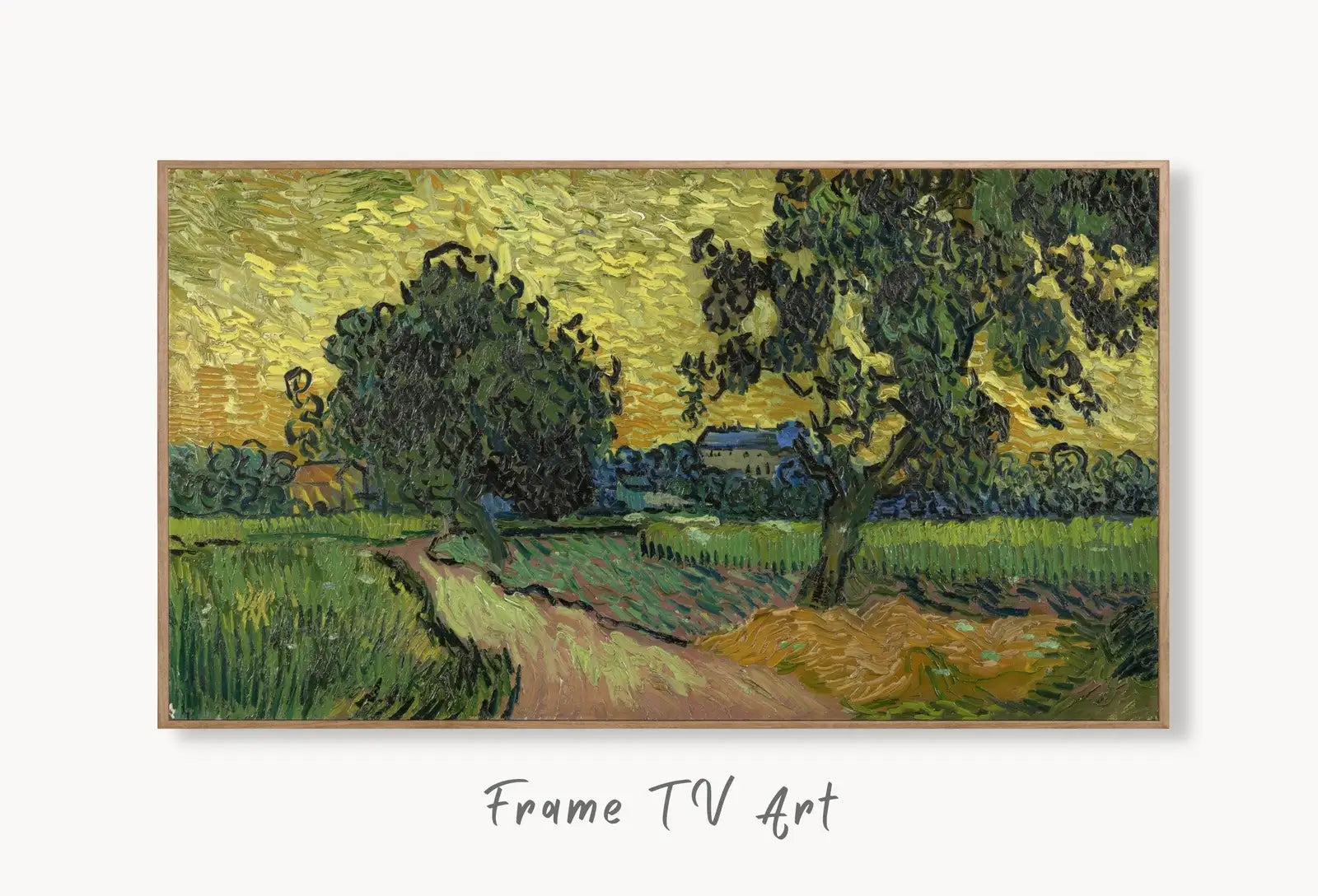 Samsung Frame TV Art 4K Vincent van Gogh's Landscape at Twilight Famous Painting. Instant Download van Gogh Art for Frame TV. Vintage Decor displayed on Samsung Frame TV on a living room wall.