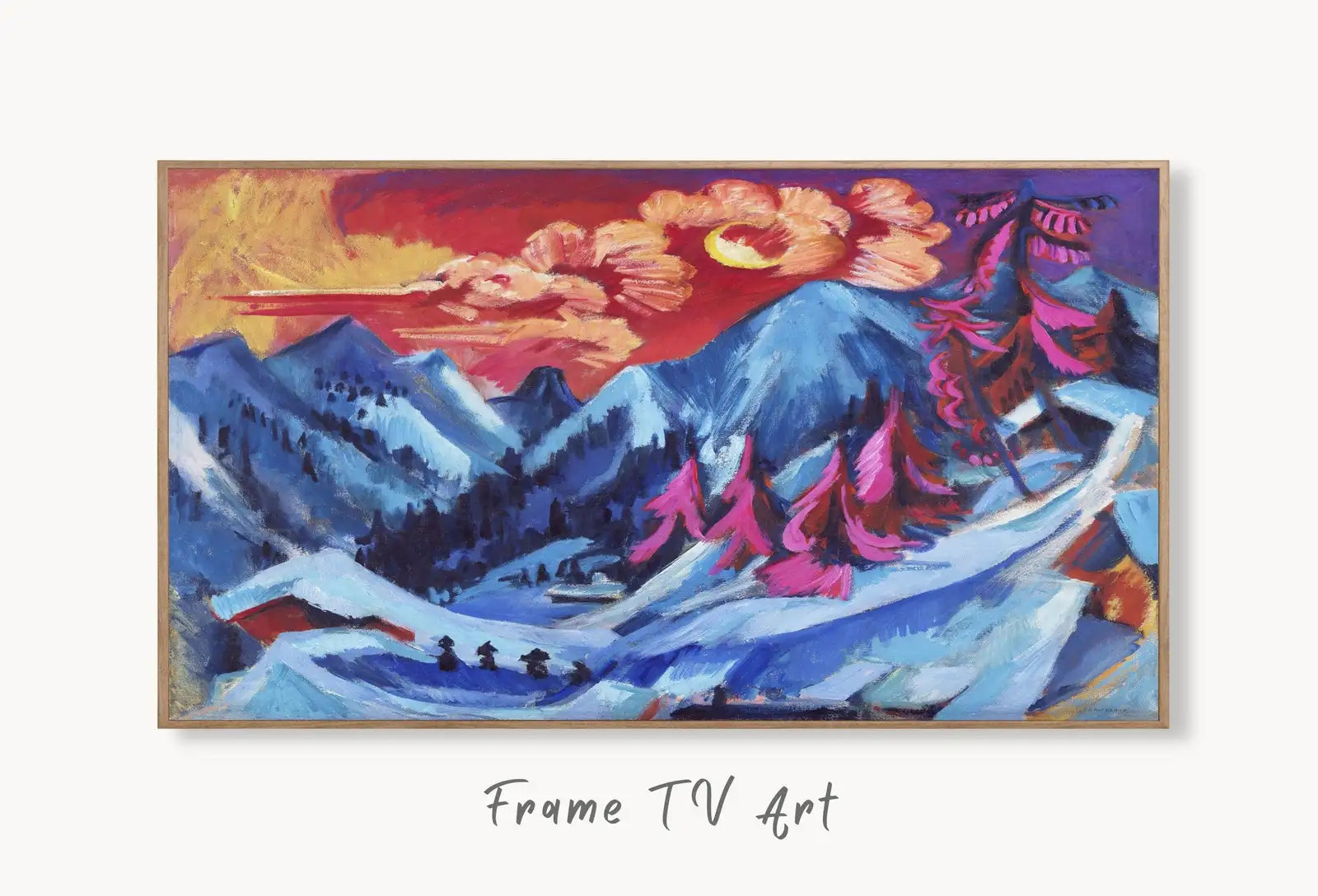 Samsung Frame TV Art 4K Vintage Abstract Mountain Landscape Wall Art. Instant Download Mountain Vintage Painting. Wall Art for the Frame TV displayed on Samsung Frame TV on a living room wall.