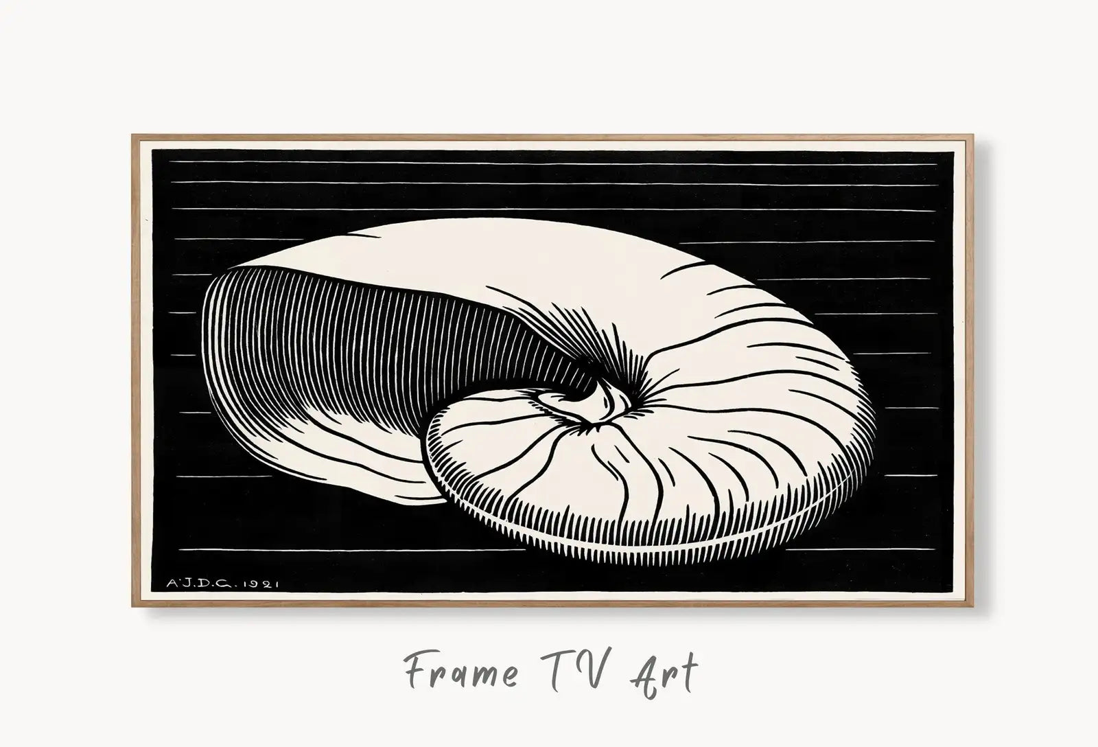 Samsung Frame TV Art 4K Vintage Art Nouveau Sea Shell Painting. Instant Download Black & White Art for the Samsung Frame TV. Art for TV displayed on Samsung Frame TV on a living room wall.