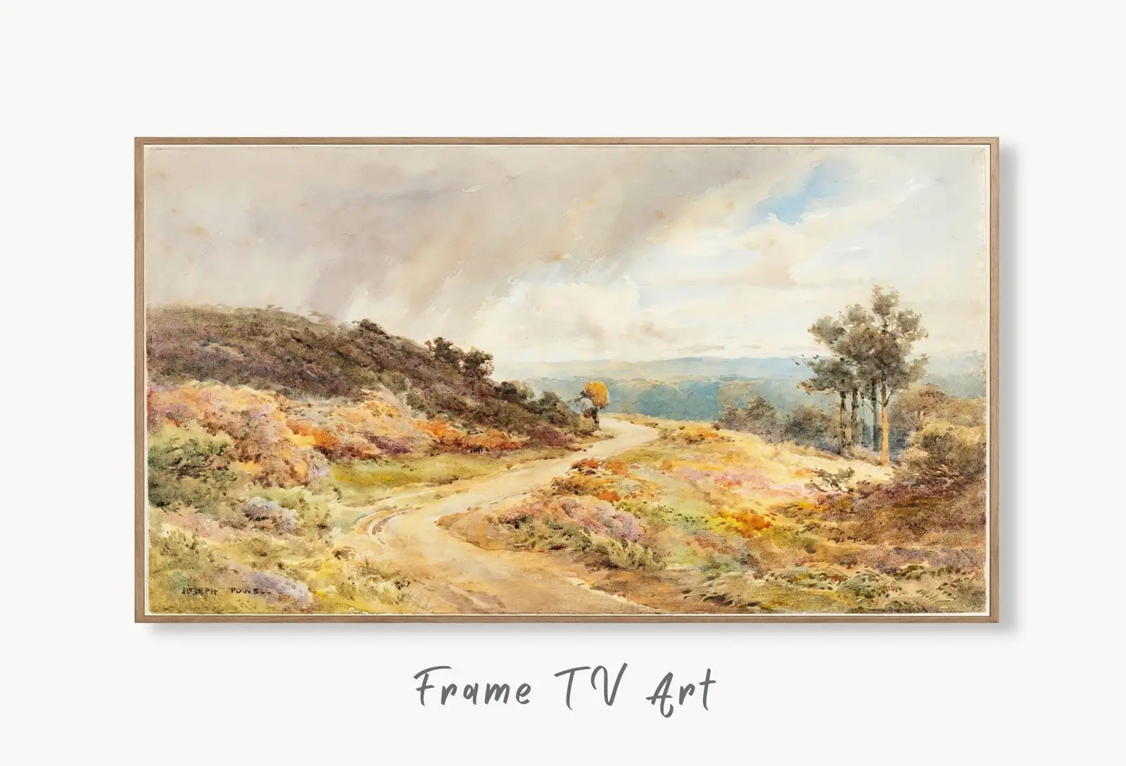 Samsung Frame TV Art 4K Vintage Autumn Landscape Painting. Instant Download Colorful Autumn Art for the Frame TV. Landscape Art for TV displayed on Samsung Frame TV on a living room wall.