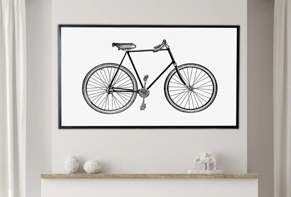 Detail view of artwork from Samsung Frame TV Art 4K Vintage Bike Cycling Minimalist Black and White Wall Art. Instant Download Retro Bicycle Art for Frame TV. (variation 2)