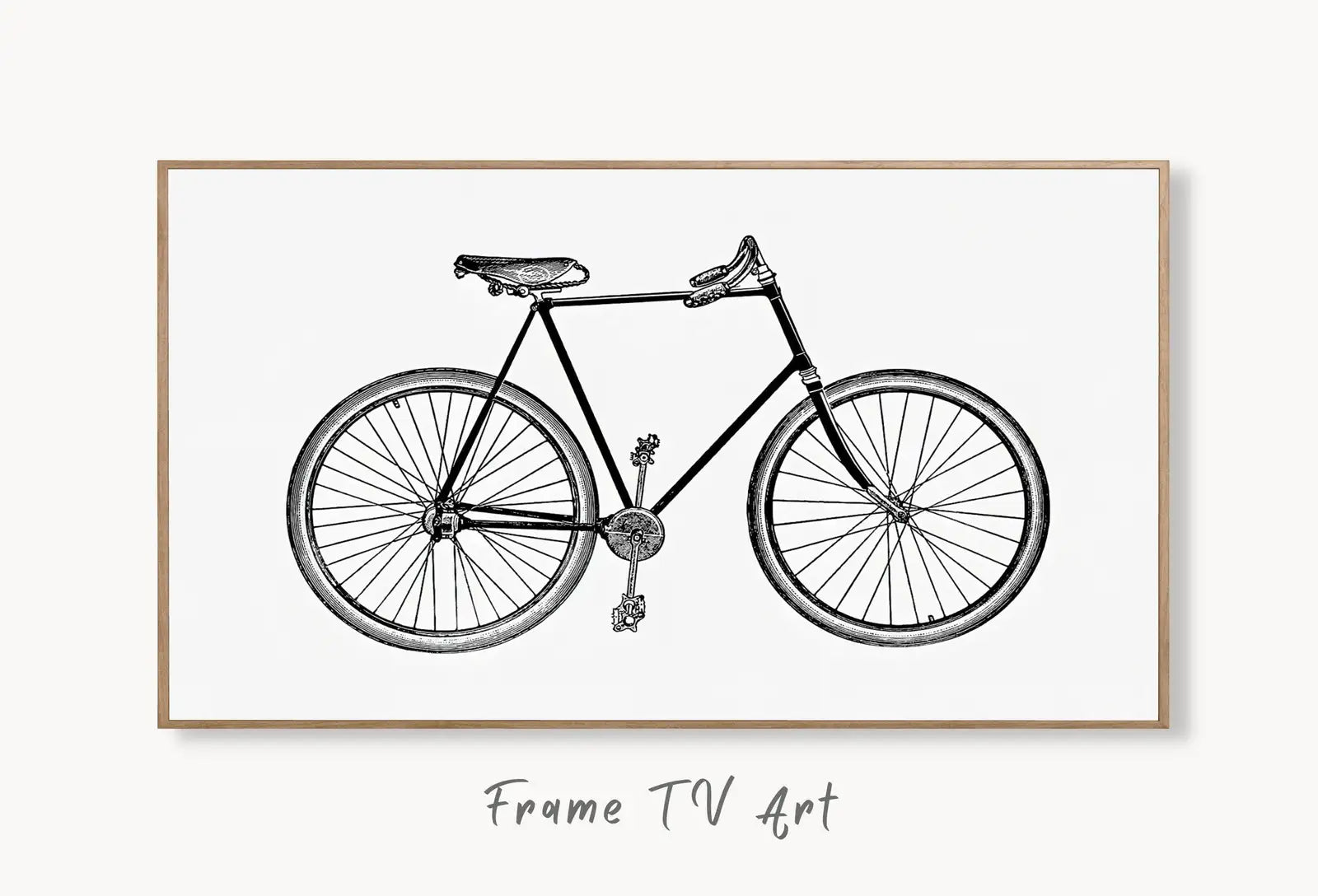 Samsung Frame TV Art 4K Vintage Bike Cycling Minimalist Black and White Wall Art. Instant Download Retro Bicycle Art for Frame TV displayed on Samsung Frame TV on a living room wall.