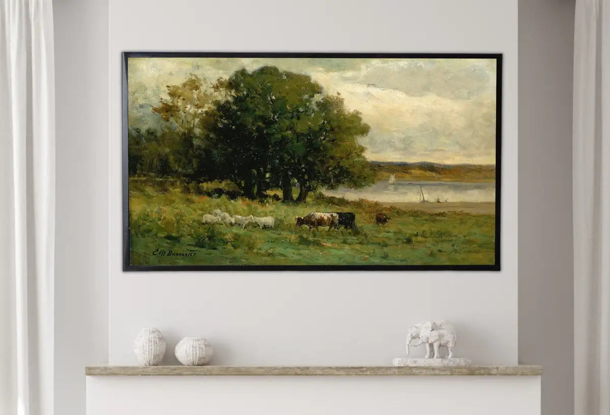 Detail view of artwork from Samsung Frame TV Art 4K Vintage Country Landscape Painting. Instant Download. Grazing Cows Rustic Art for the Frame TV. Landscape Art for TV. (variation 2)