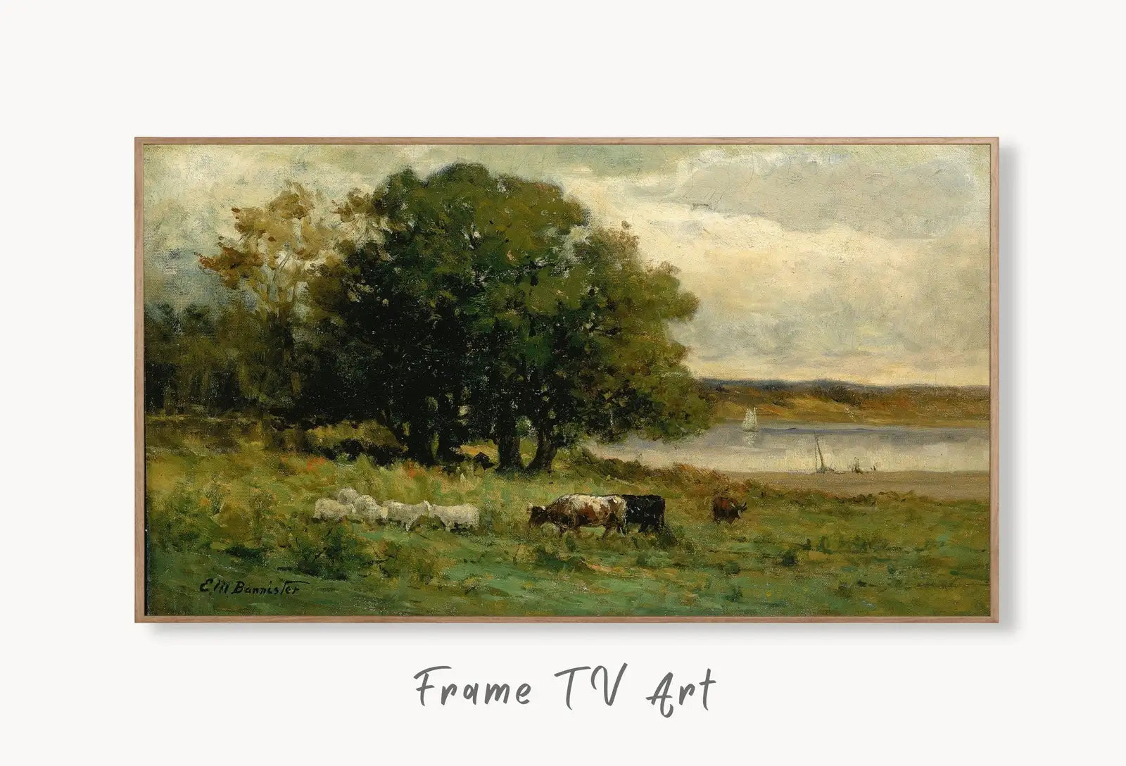 Samsung Frame TV Art 4K Vintage Country Landscape Painting. Instant Download. Grazing Cows Rustic Art for the Frame TV. Landscape Art for TV displayed on Samsung Frame TV on a living room wall.