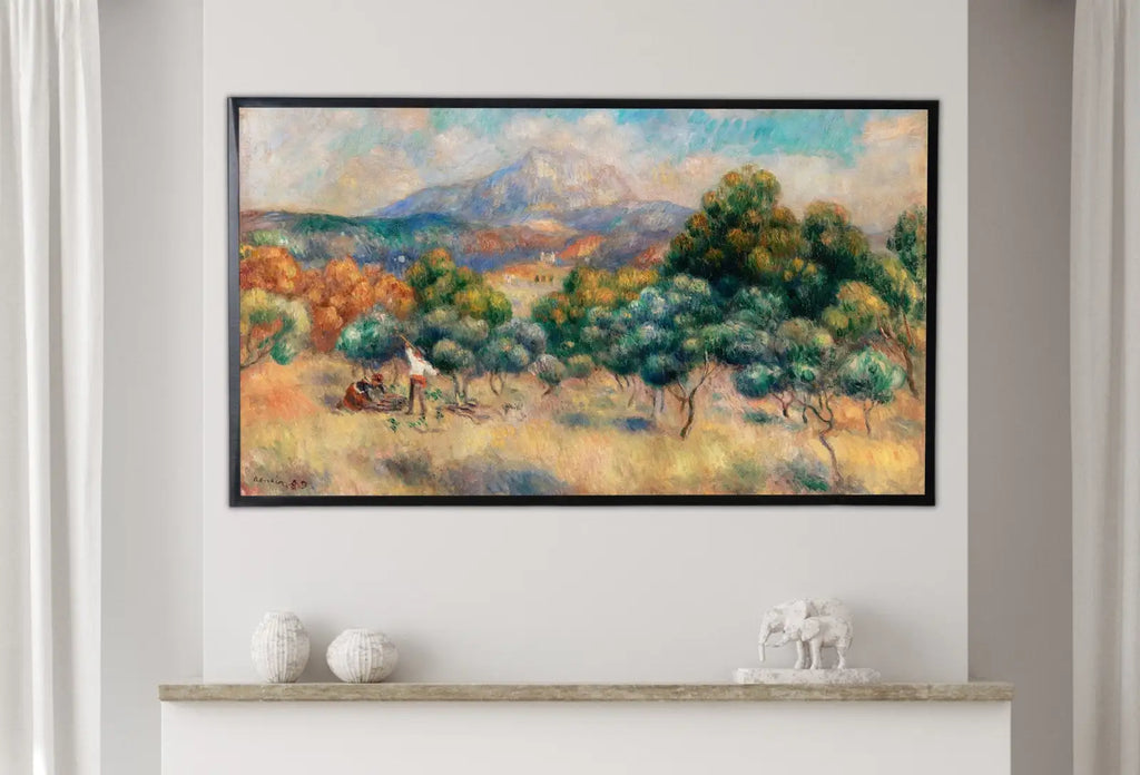 Detail view of artwork from Samsung Frame TV Art 4K Vintage Countryside Mountain Landscape by Auguste Renoir. Famous Antique Oil Painting. Vintage Art for Frame TV. (variation 1)