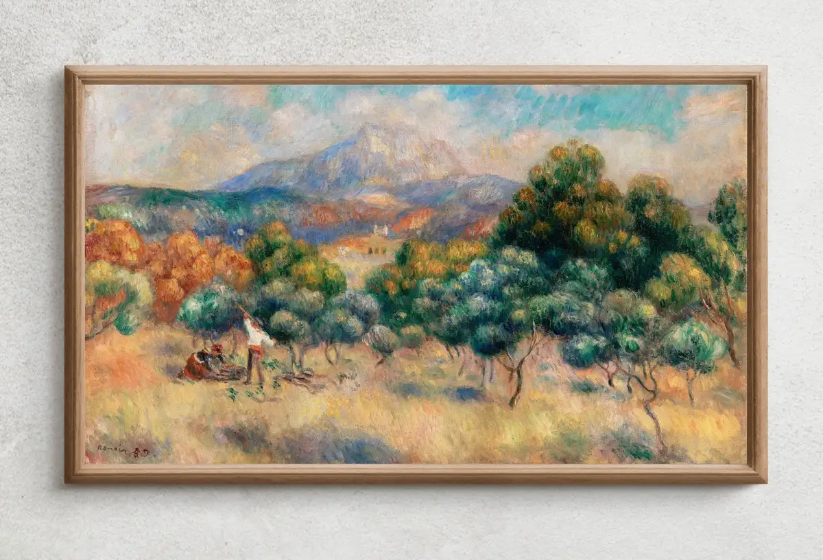 Detail view of artwork from Samsung Frame TV Art 4K Vintage Countryside Mountain Landscape by Auguste Renoir. Famous Antique Oil Painting. Vintage Art for Frame TV. (variation 2)