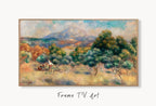 Samsung Frame TV Art 4K Vintage Countryside Mountain Landscape by Auguste Renoir. Famous Antique Oil Painting. Vintage Art for Frame TV displayed on Samsung Frame TV on a living room wall.