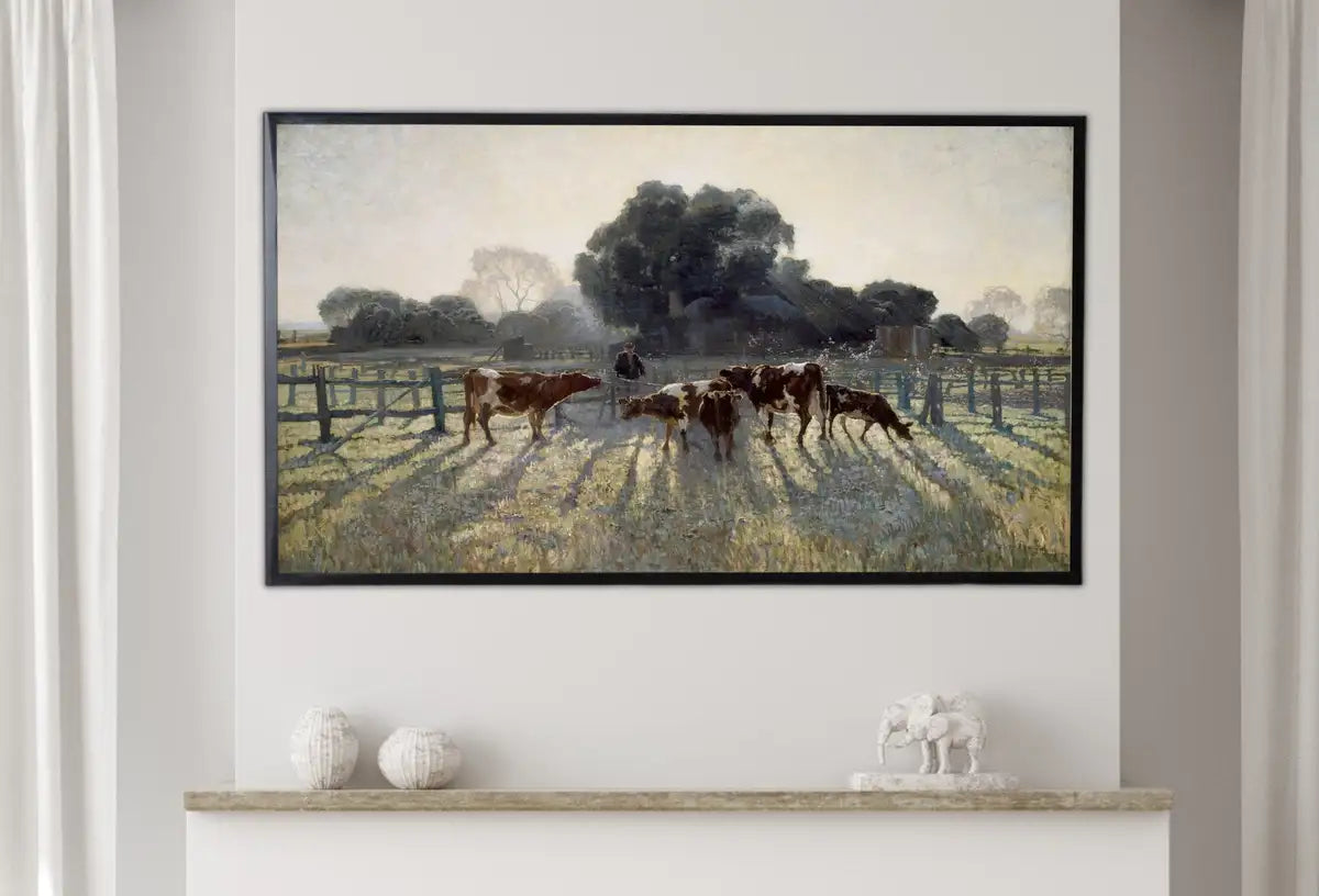 Detail view of artwork from Samsung Frame TV Art 4K Vintage Farmhouse Landscape Painting. Instant Download. Grazing Cows Rustic Art for Frame TV. Landscape Art for TV. (variation 2)