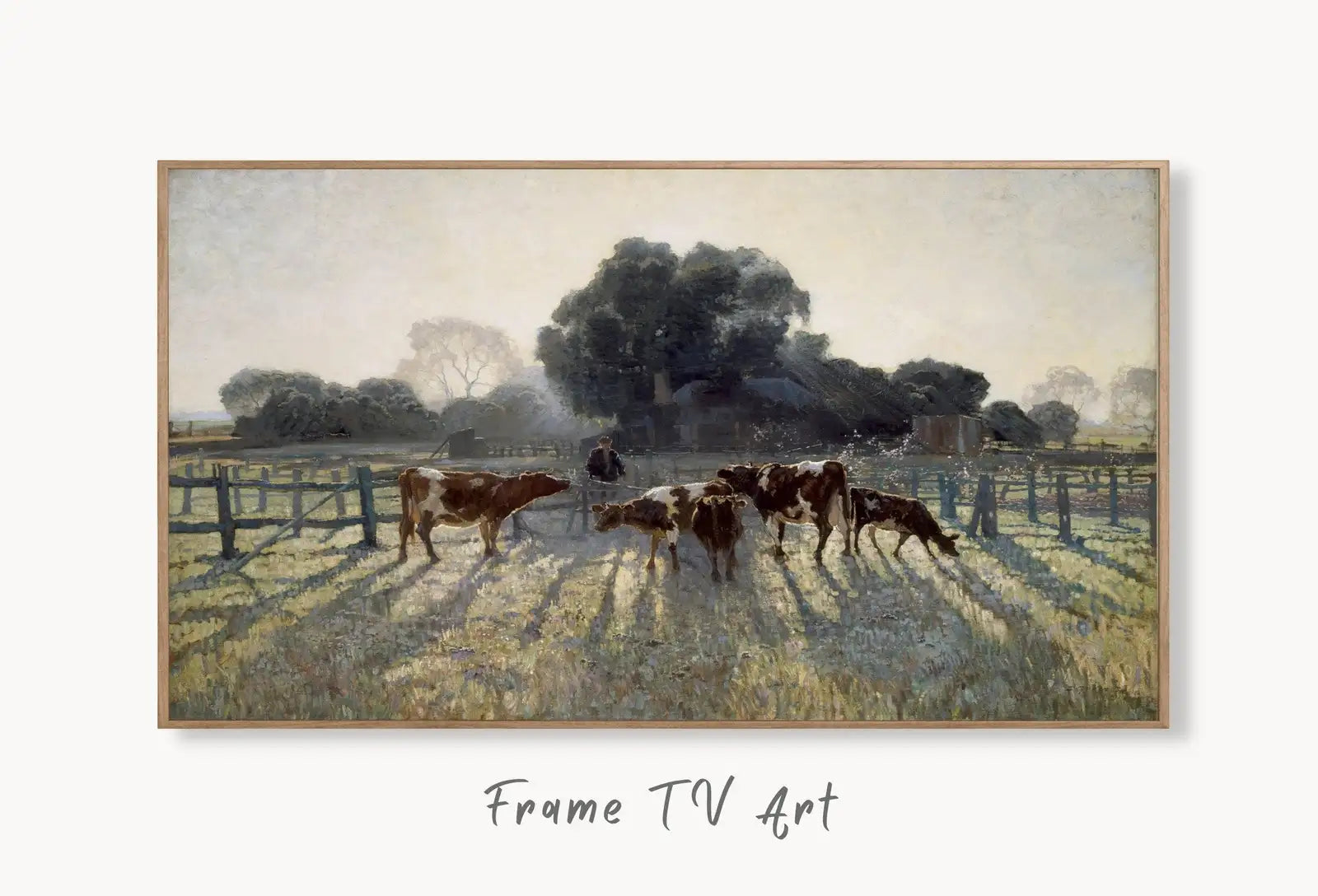 Samsung Frame TV Art 4K Vintage Farmhouse Landscape Painting. Instant Download. Grazing Cows Rustic Art for Frame TV. Landscape Art for TV displayed on Samsung Frame TV on a living room wall.