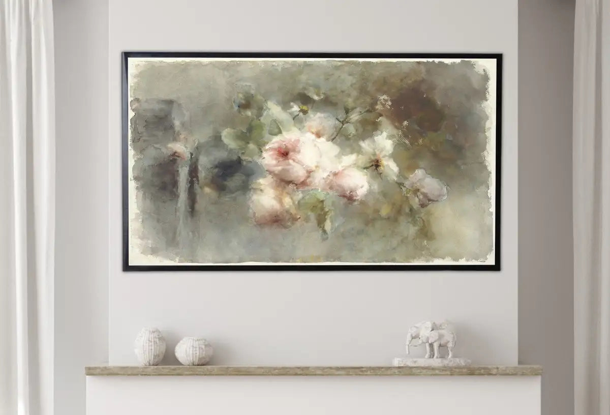 Detail view of artwork from Samsung Frame TV Art 4K Vintage Flowers Painting. Still Life Roses Neutral Watercolor Painting Digital Download Antique Floral Botanical Art. (variation 2)