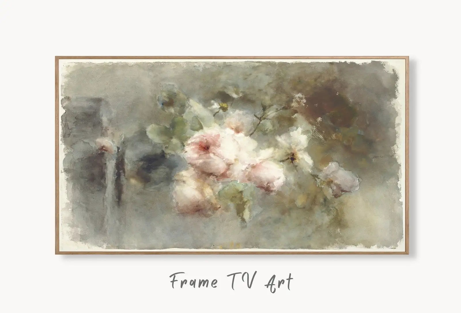 Samsung Frame TV Art 4K Vintage Flowers Painting. Still Life Roses Neutral Watercolor Painting Digital Download Antique Floral Botanical Art displayed on Samsung Frame TV on a living room wall.