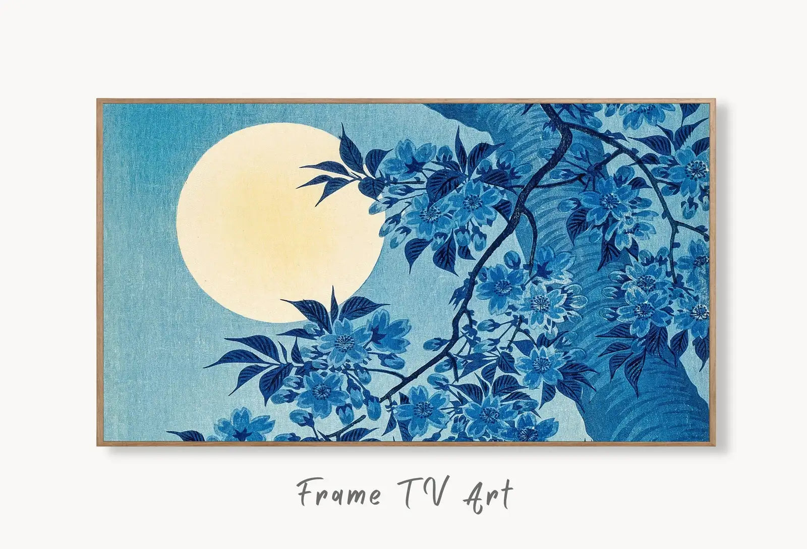 Samsung Frame TV Art 4K Vintage Japanese Moonlit Night Cherry Blossom. Instant Download Antique Japanese Art for Frame TV. Vintage Wall Art displayed on Samsung Frame TV on a living room wall.