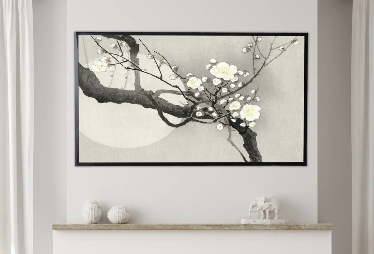 Detail view of artwork from Samsung Frame TV Art 4K Vintage Japanese Painting Plum Blossom & Moon. Instant Download Antique Japanese Art for Frame TV. Vintage Wall Art. (variation 2)