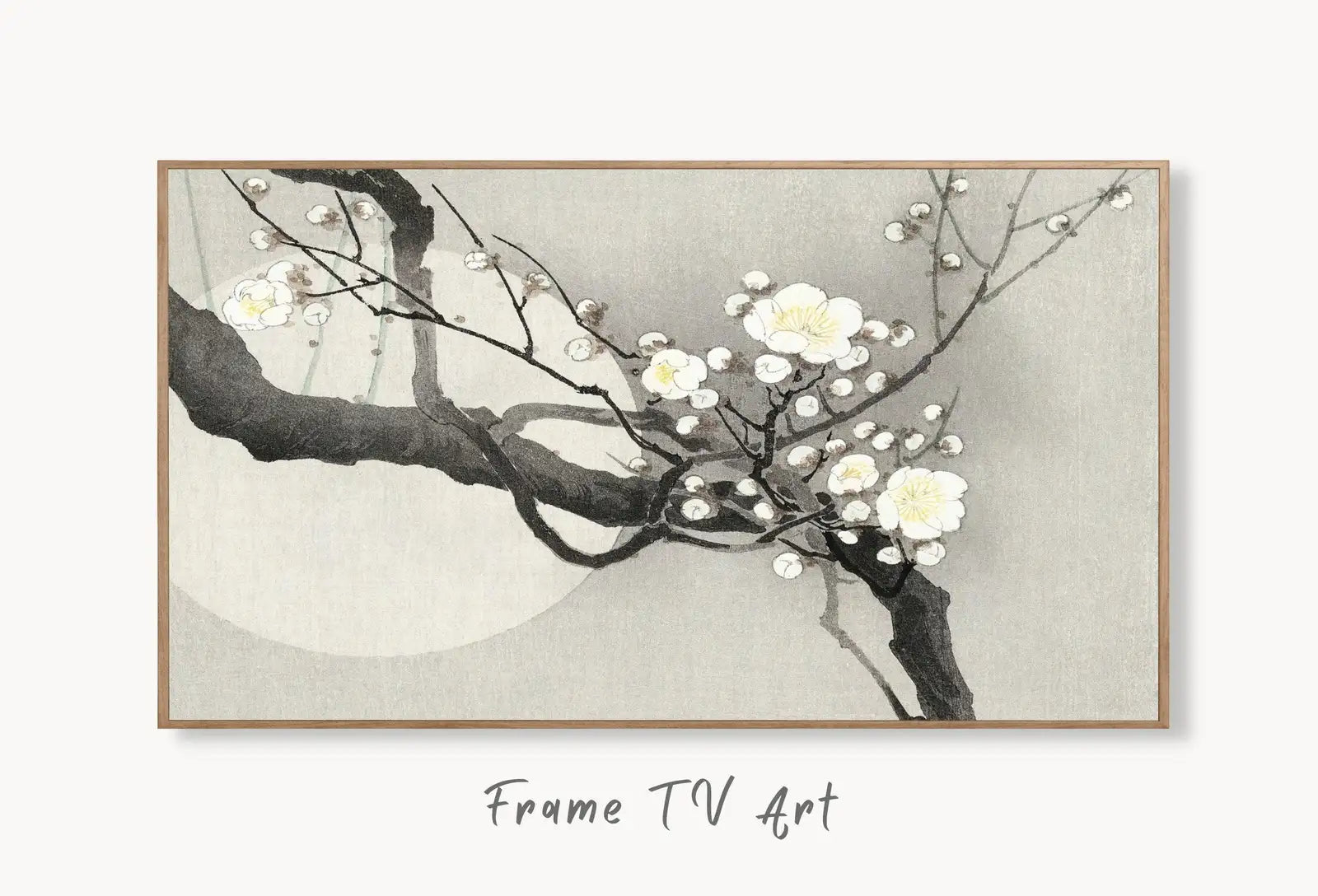 Samsung Frame TV Art 4K Vintage Japanese Painting Plum Blossom & Moon. Instant Download Antique Japanese Art for Frame TV. Vintage Wall Art displayed on Samsung Frame TV on a living room wall.