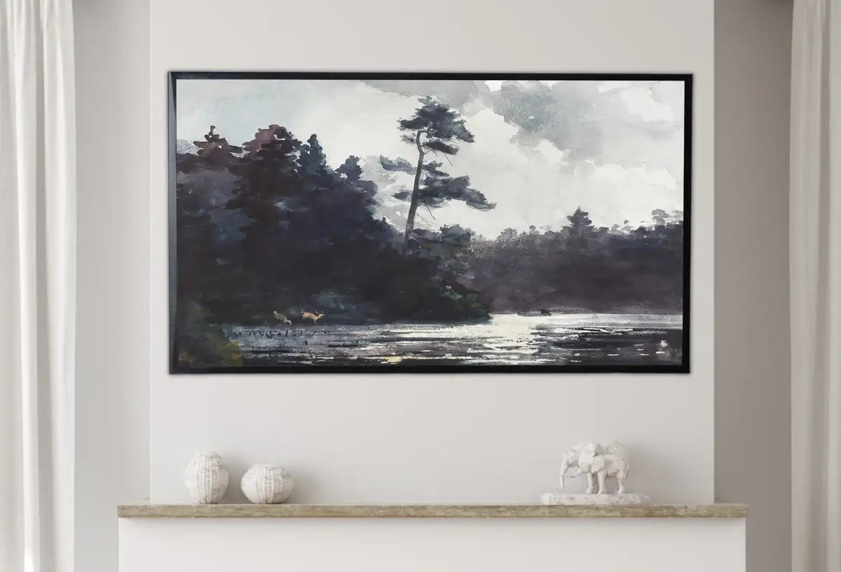 Detail view of artwork from Samsung Frame TV Art 4K Vintage Moody Lake Landscape Watercolor Painting. Instant Download Rustic Antique Painting. Art for the Frame TV. (variation 2)