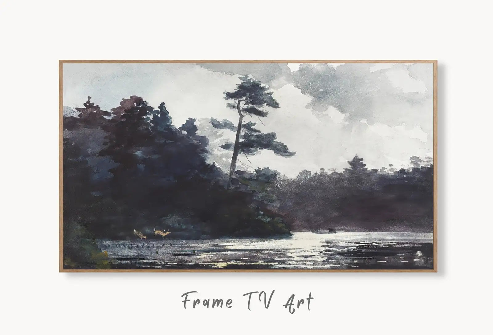 Samsung Frame TV Art 4K Vintage Moody Lake Landscape Watercolor Painting. Instant Download Rustic Antique Painting. Art for the Frame TV displayed on Samsung Frame TV on a living room wall.