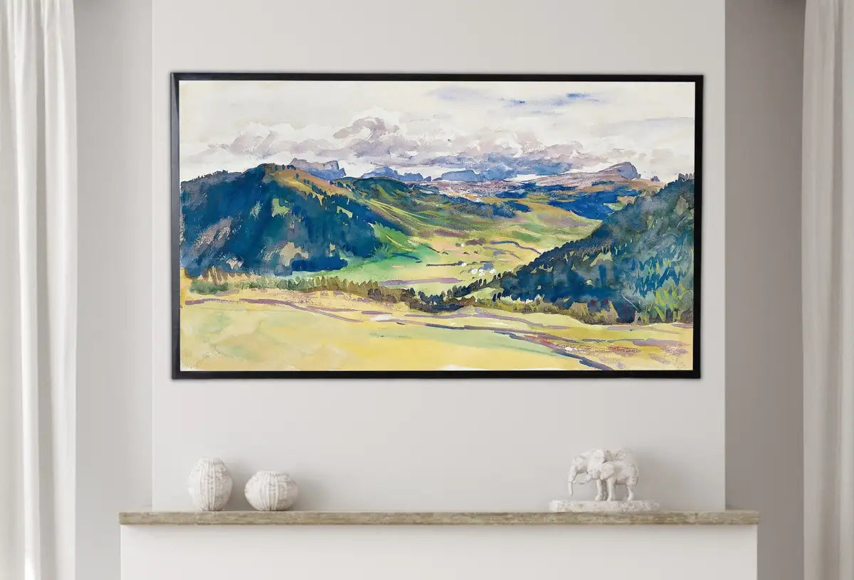 Detail view of artwork from Samsung Frame TV Art 4K Vintage Mountain Landscape Watercolor Valley Wall Art. Instant Download Mountain Painting. Nature Art for Frame TV. (variation 2)