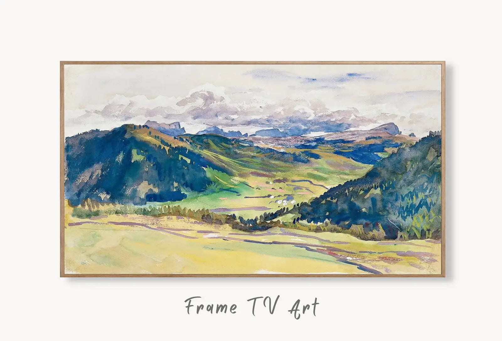 Samsung Frame TV Art 4K Vintage Mountain Landscape Watercolor Valley Wall Art. Instant Download Mountain Painting. Nature Art for Frame TV displayed on Samsung Frame TV on a living room wall.
