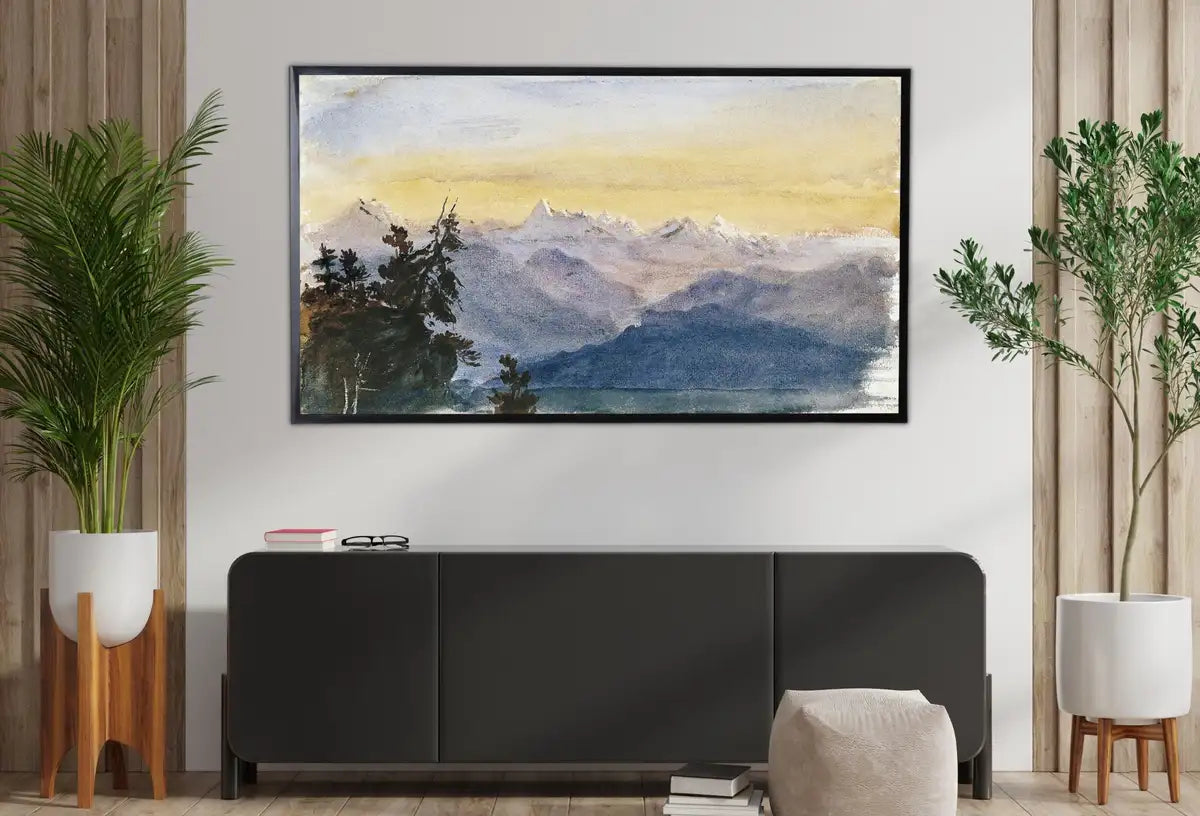 Detail view of artwork from Samsung Frame TV Art 4K Vintage Mountain Sunset Landscape Watercolor Wall Art. Instant Download Mountain Painting Wall Art for the Frame TV. (variation 2)