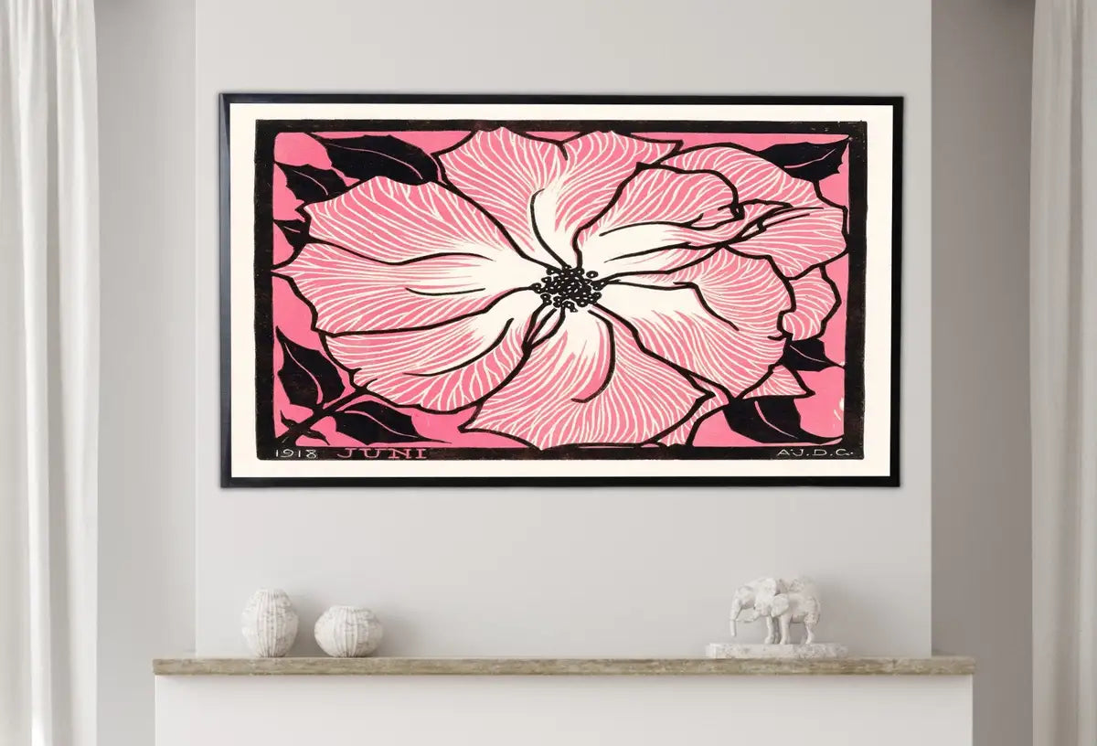 Detail view of artwork from Samsung Frame TV Art 4K Vintage Pink Rose Art Nouveau Flower Painting. Antique Botanical Painting. Instant Download Pink Retro Flower TV Art. (variation 2)