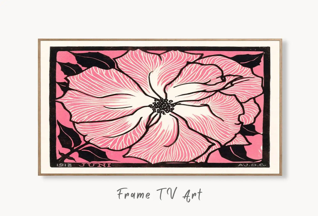 Samsung Frame TV Art 4K Vintage Pink Rose Art Nouveau Flower Painting. Antique Botanical Painting. Instant Download Pink Retro Flower TV Art displayed on Samsung Frame TV on a living room wall.